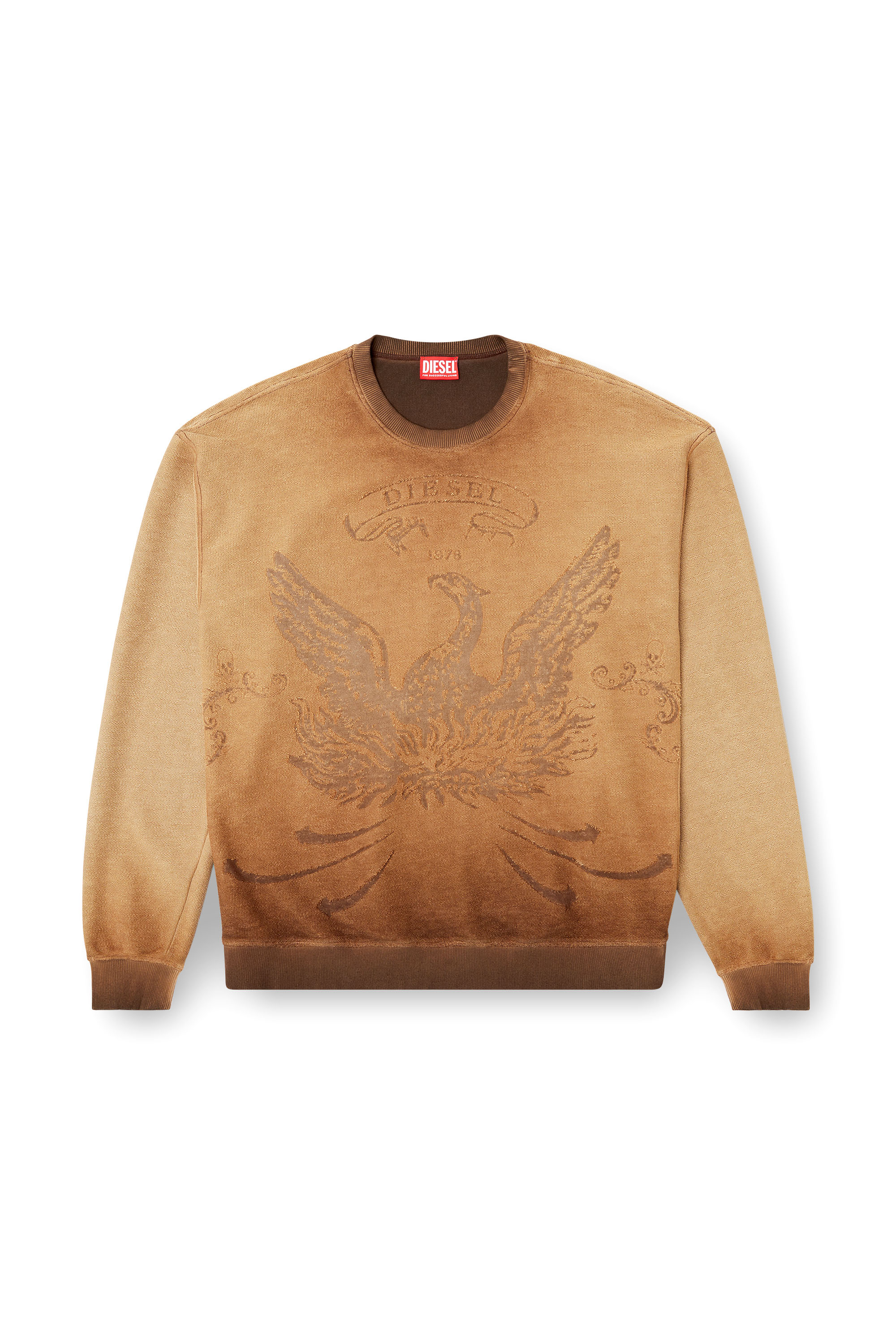 Diesel - S-ARON, Man's Faded sweatshirt with devoré Phoenix logo in Brown - 2