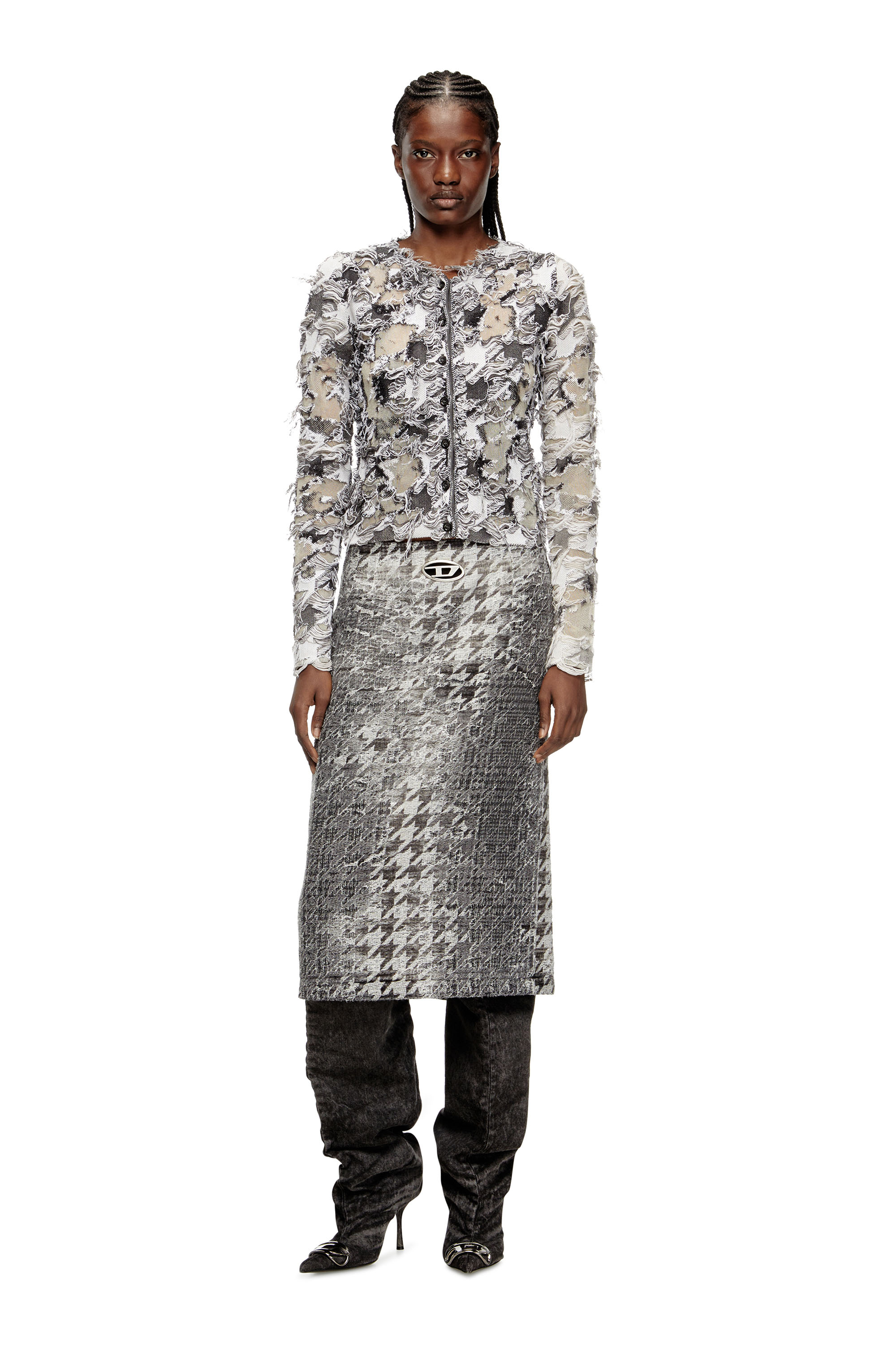 Diesel - DE- RATHIAN-FSH, Woman's Midi skirt in Prince of Wales jacquard denim in Black/White - 1