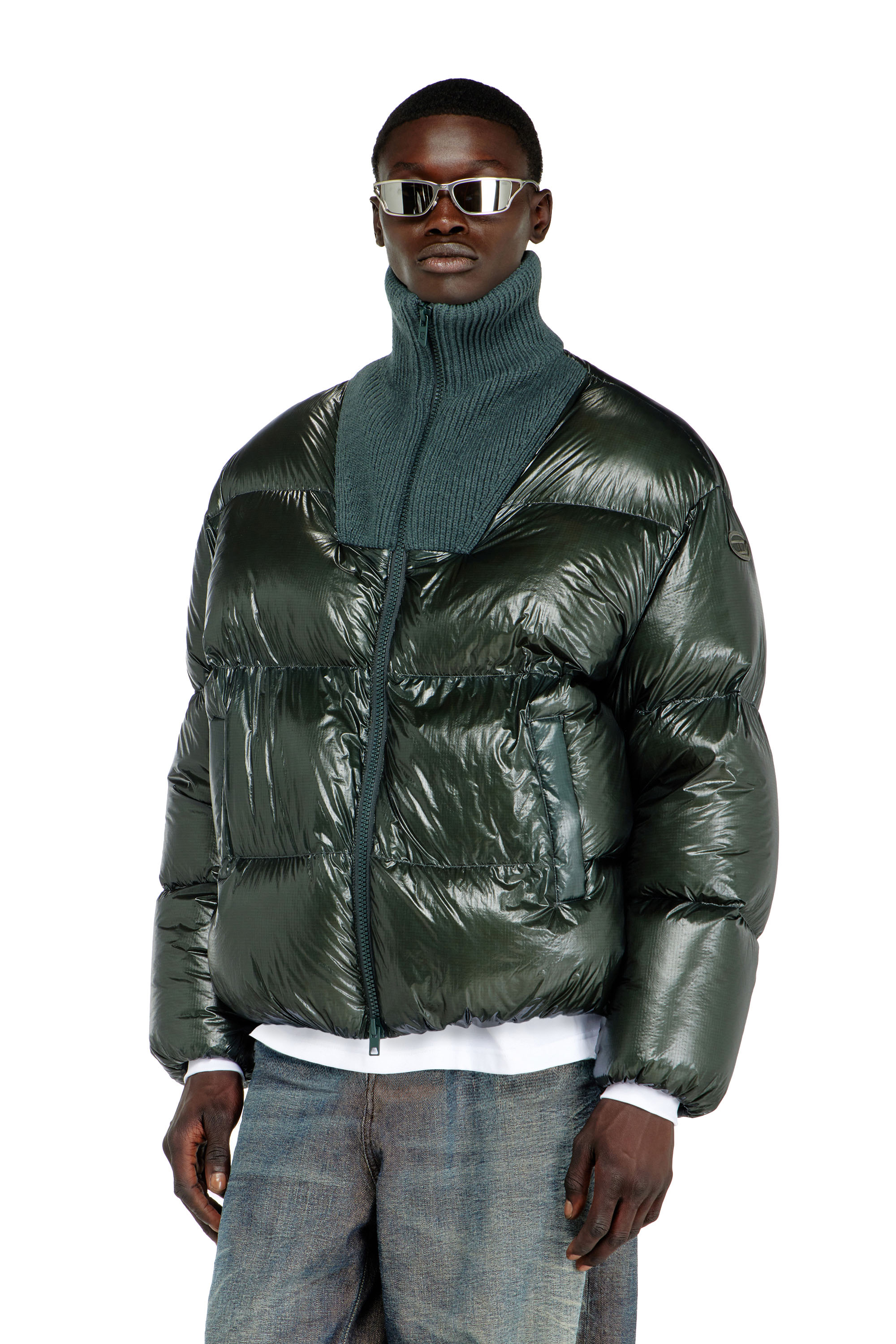 Diesel - W-RIBB, Man's Down puffer jacket in ripstop with ribbed collar in Dark Green - 1