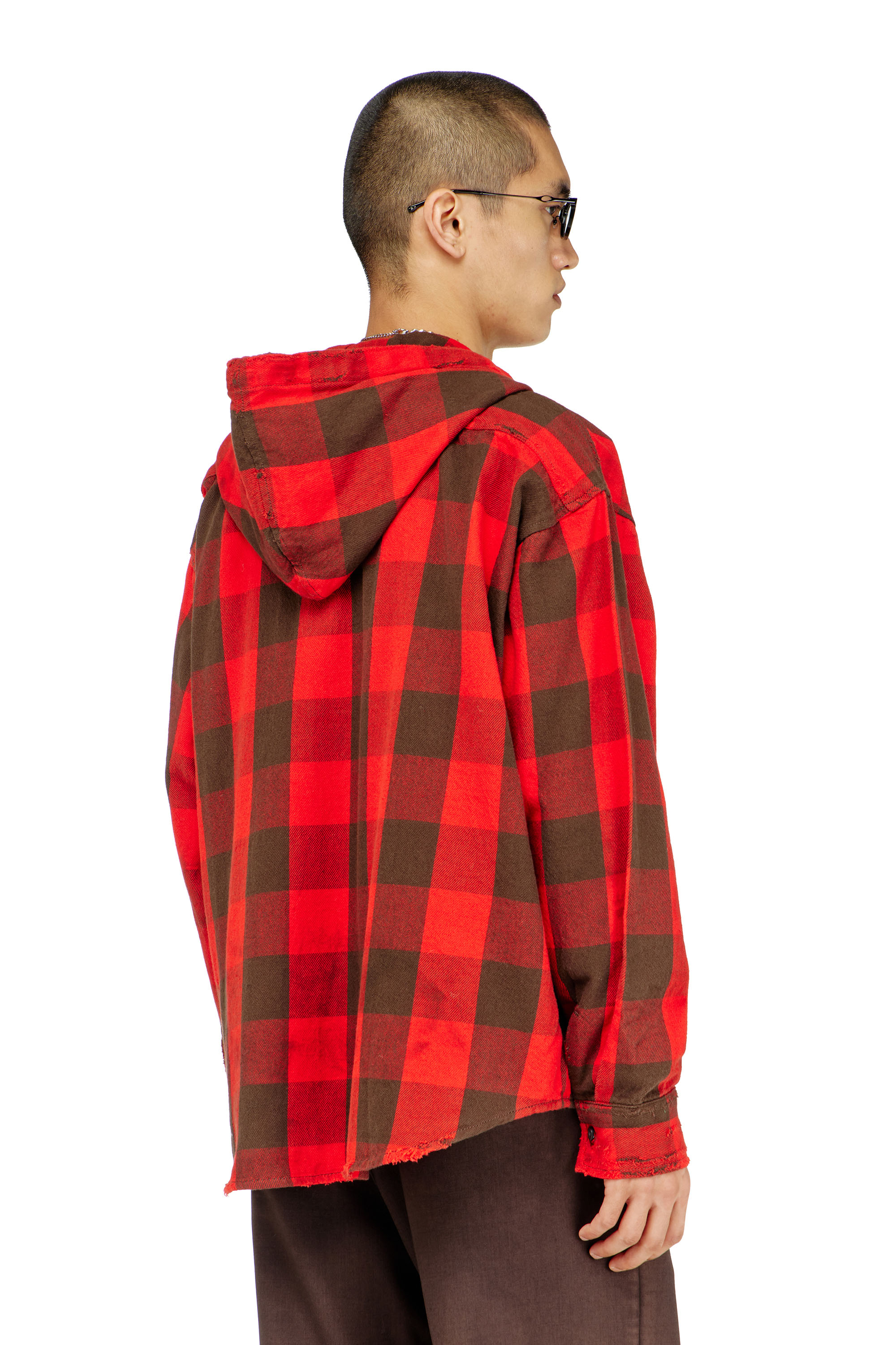 Diesel - S-DRUM-HOODY, Man's Distressed hooded shirt in check flannel in Red/Brown - 4