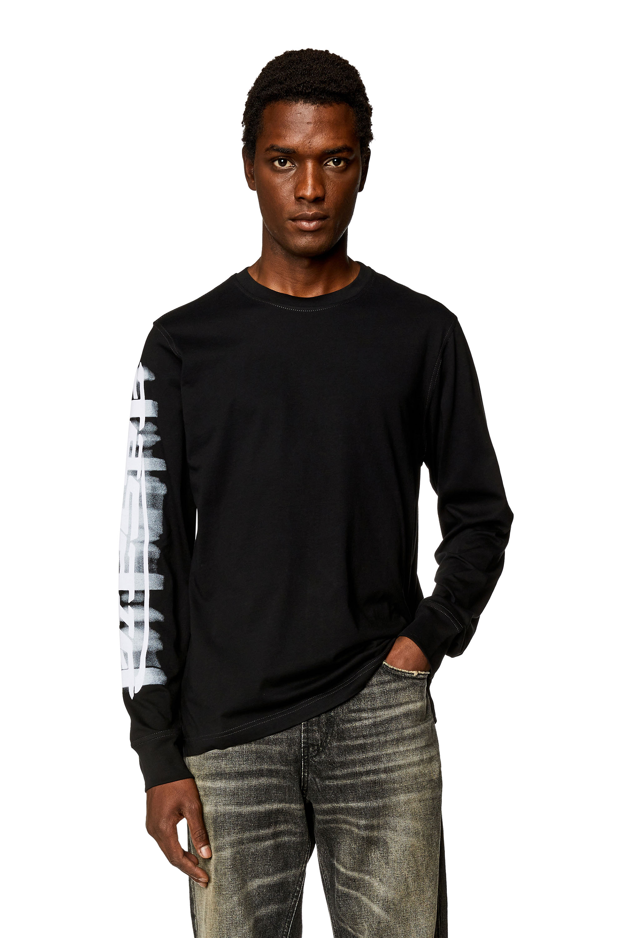Diesel - T-JUST-LS-SLITS-N2, Man's Long-sleeve T-shirt with blurry Diesel print in Black - 3