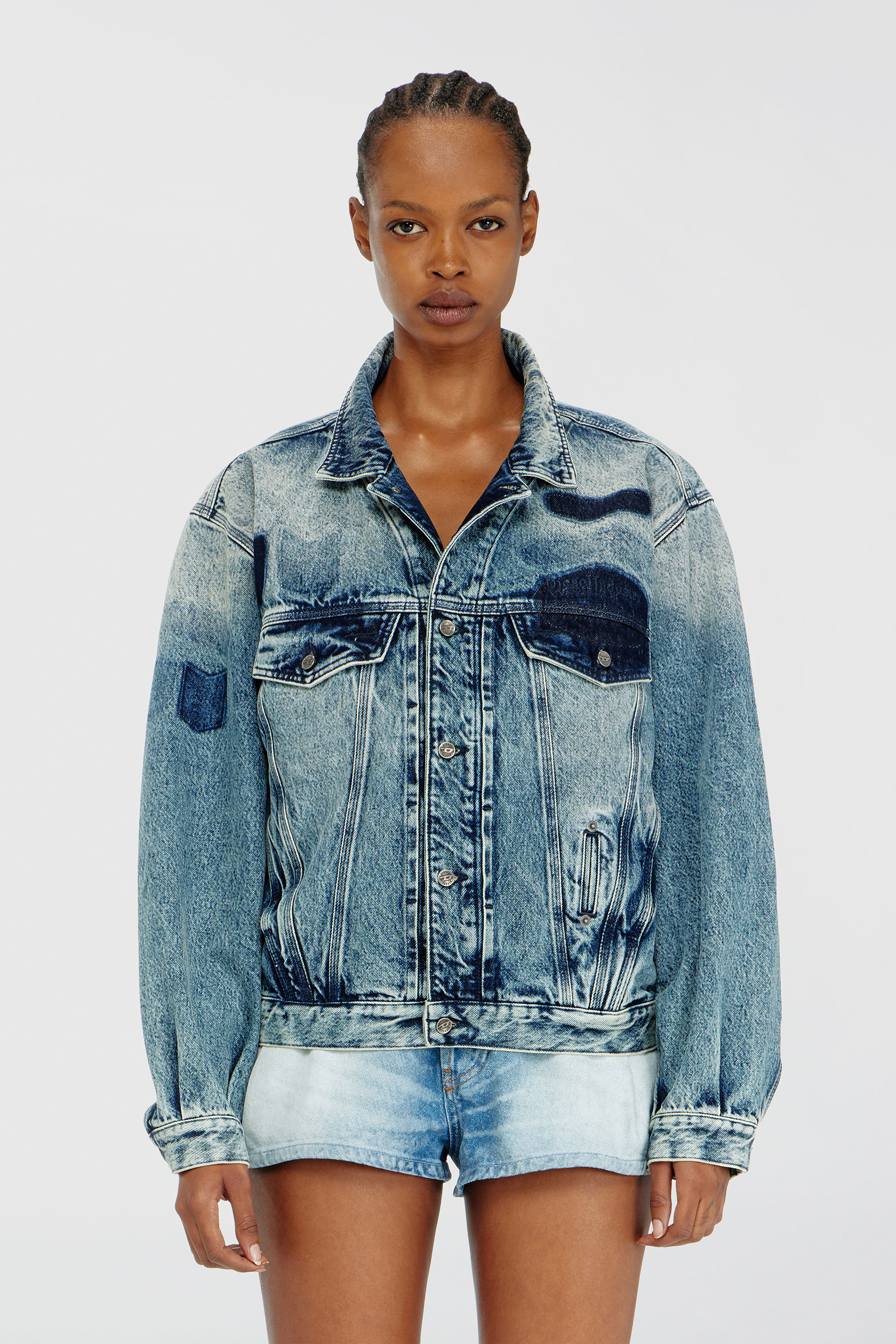 Diesel - D-DENVER-S2, Unisex's Trucker jacket with patch effects in Medium blue - 6