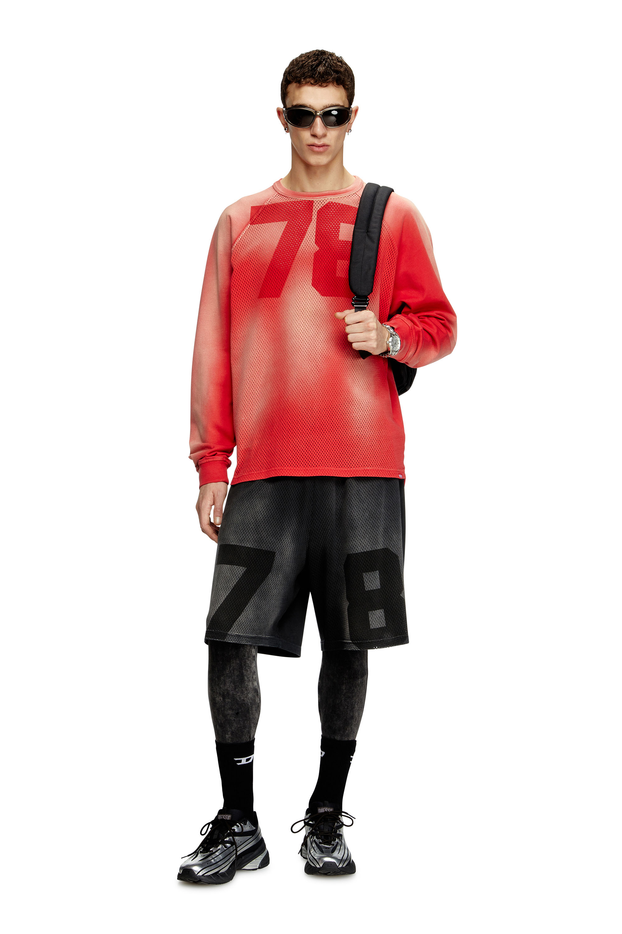 Diesel - T-ROXTER-LS-MESH, Man's Faded long-sleeve T-shirt with mesh front in Red - 1