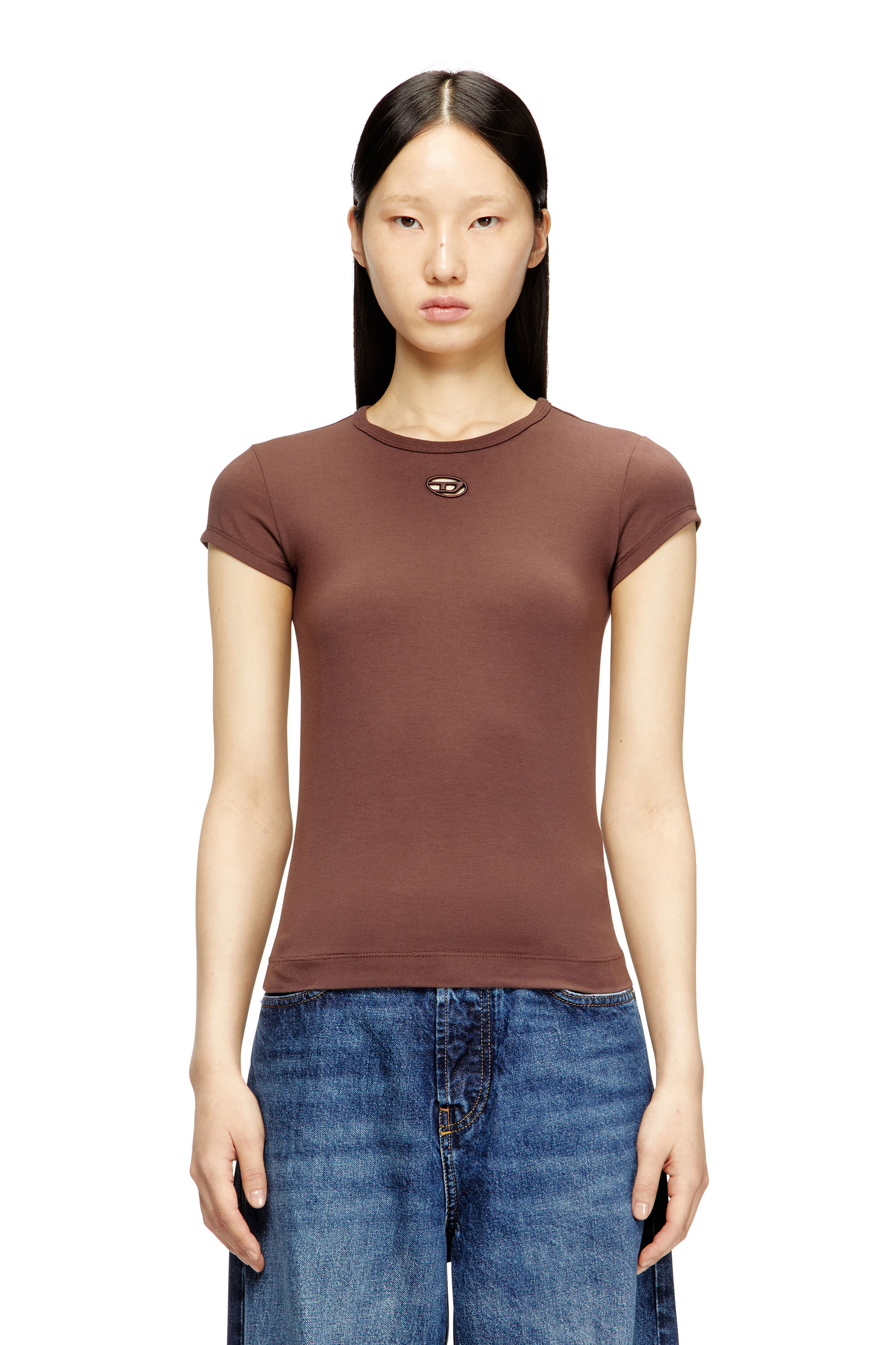 Diesel - T-ANGIE-OD, Woman's T-shirt with cut-out embroidered logo in Brown - 1