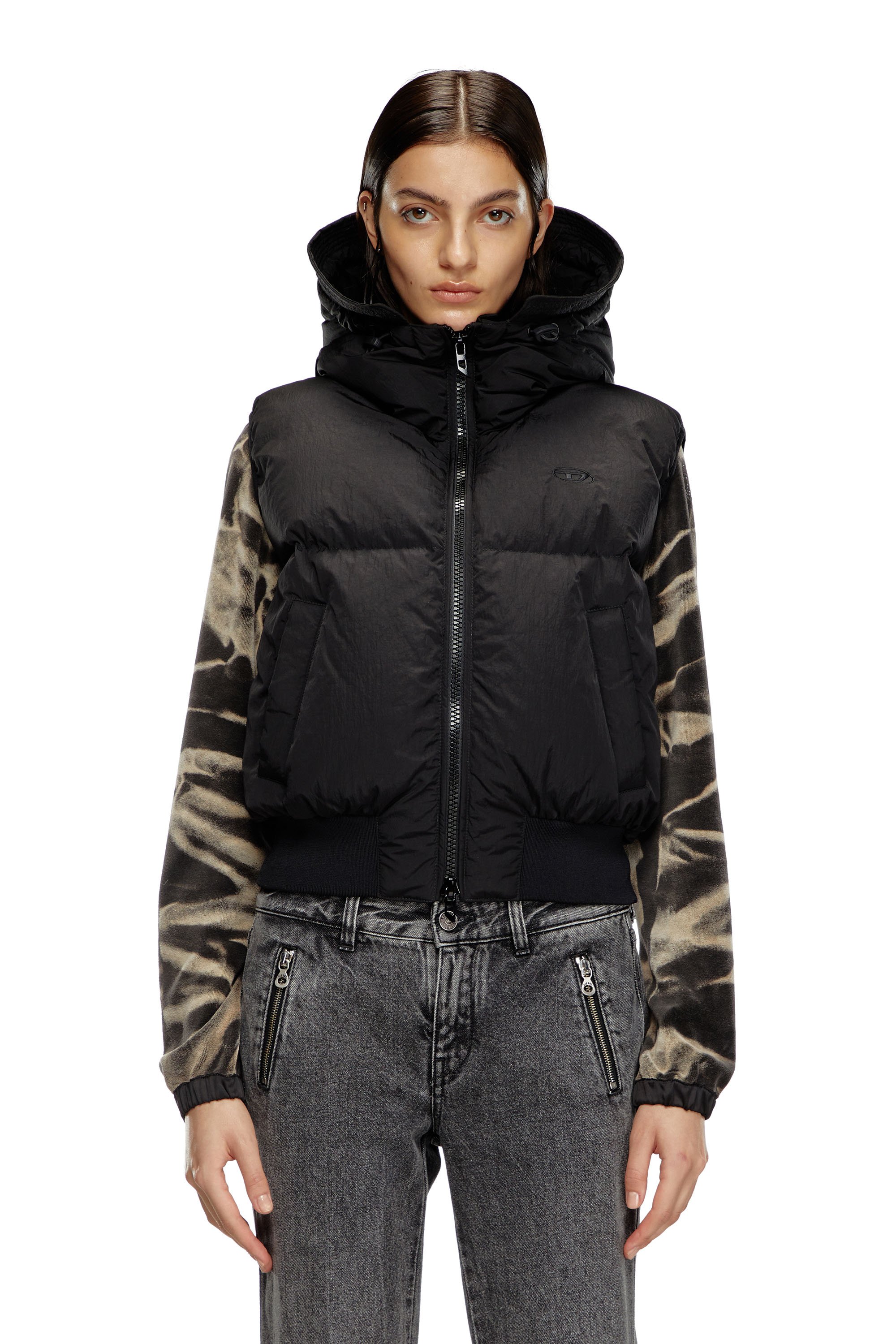 Diesel - W-PEYT-SSL-NEW-P1, Woman's Hooded down vest in crinkled nylon in Black - 1