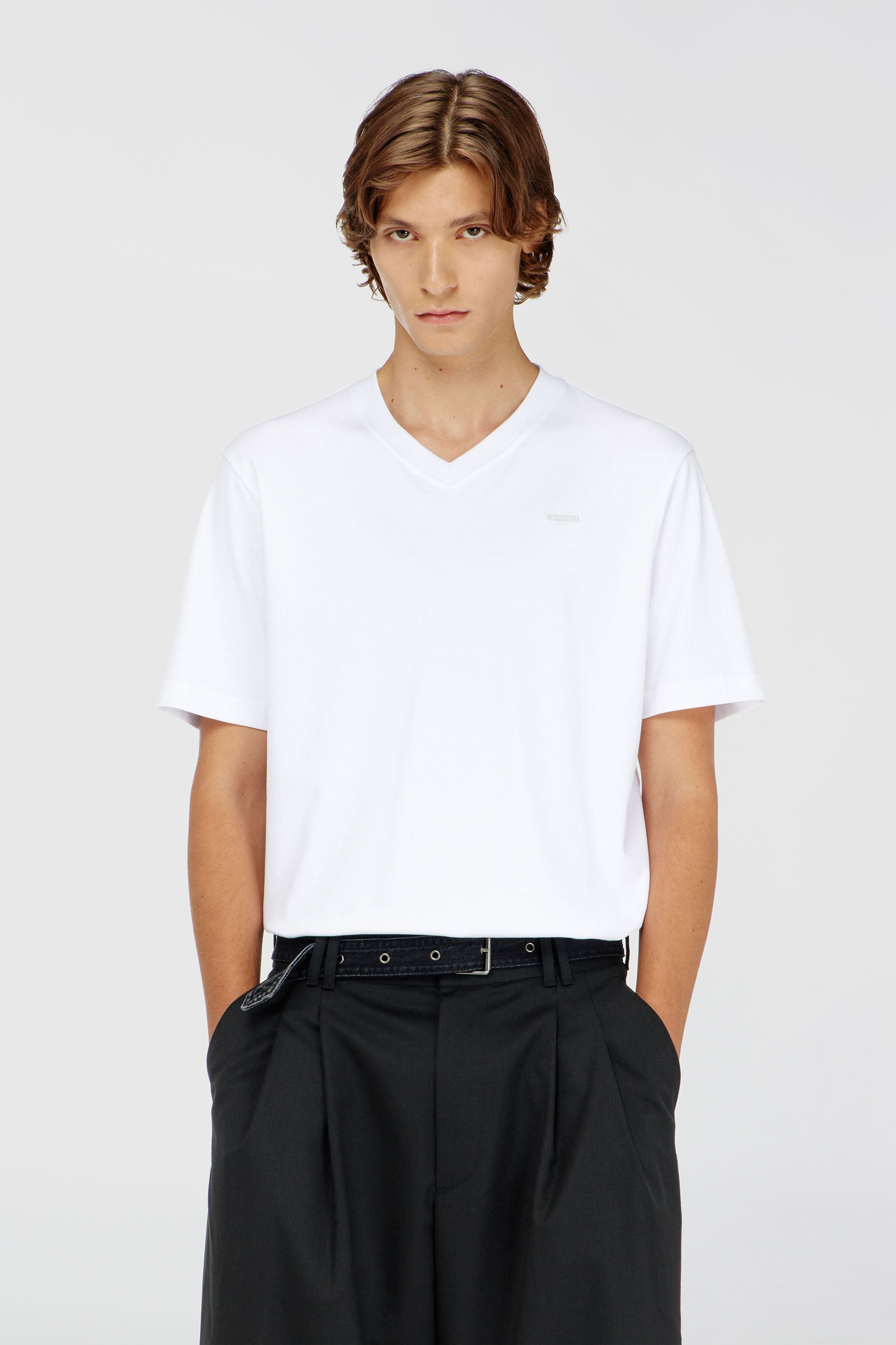 Diesel - T-ADJUST-V-MICRODIV, Man's V-neck T-shirt with micro logo embroidery in White - 1