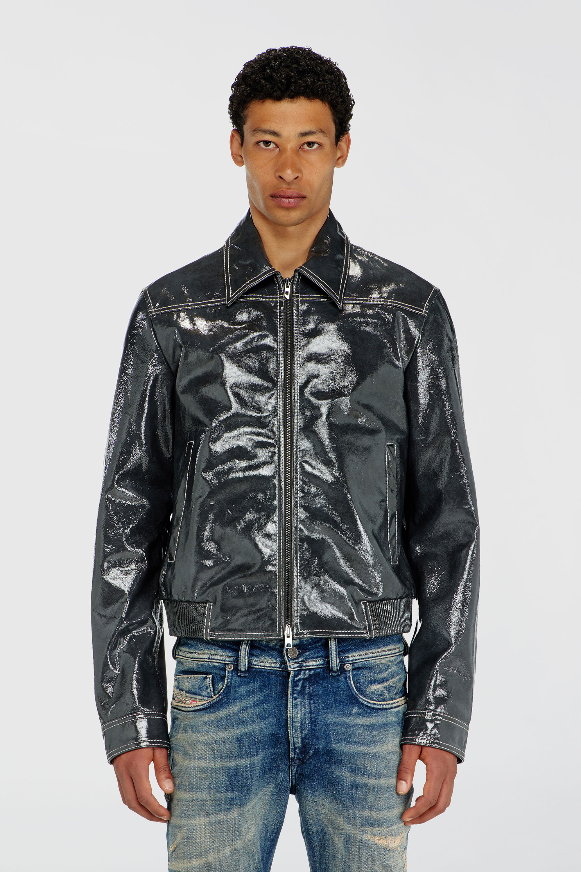 Diesel - L-ADDI, Man's Patent-leather jacket in Dark grey - 1