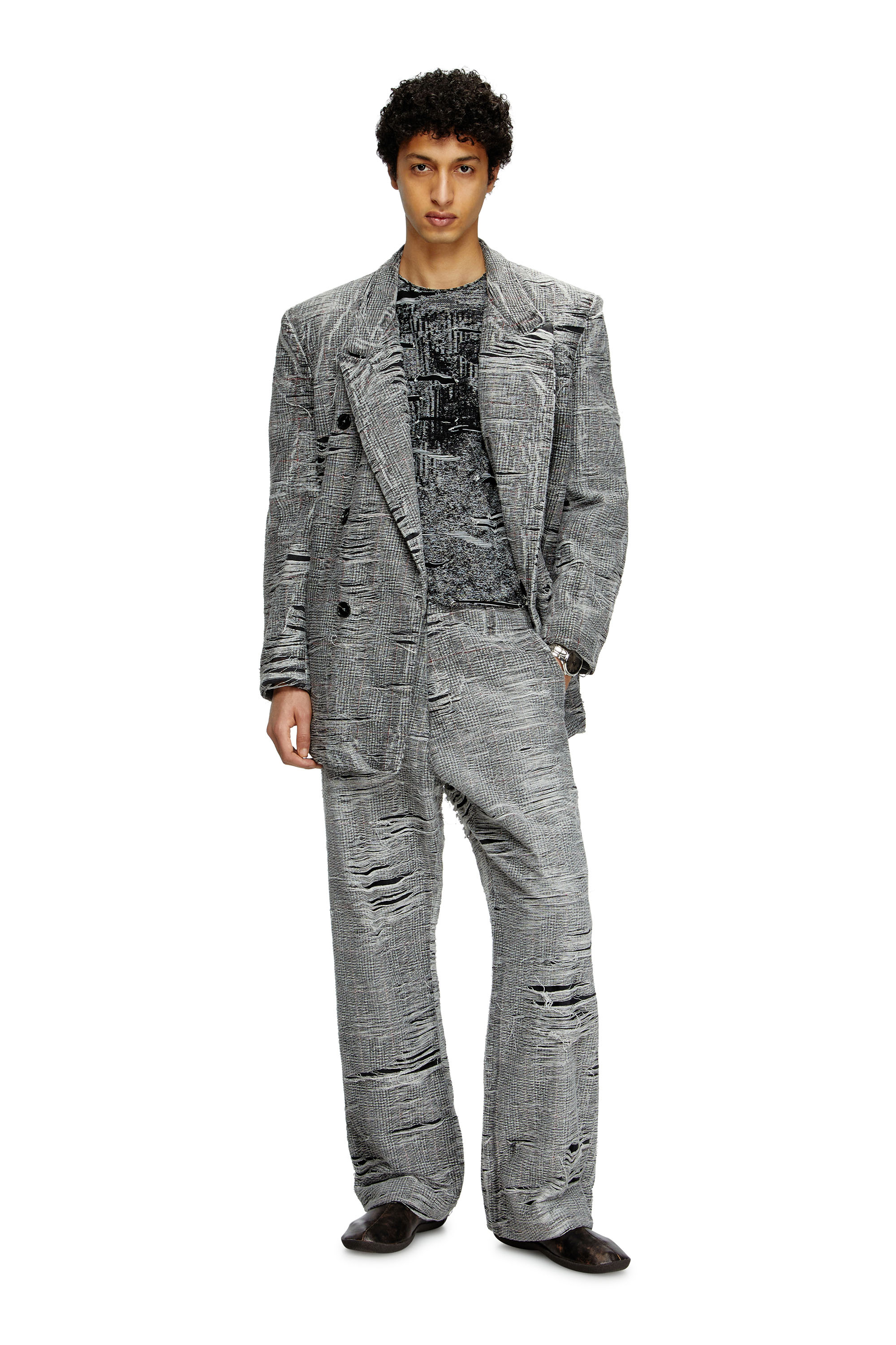 Diesel - D-PEKKA-FSG, Man's Blazer in distressed Prince of Wales denim in Grey - 1