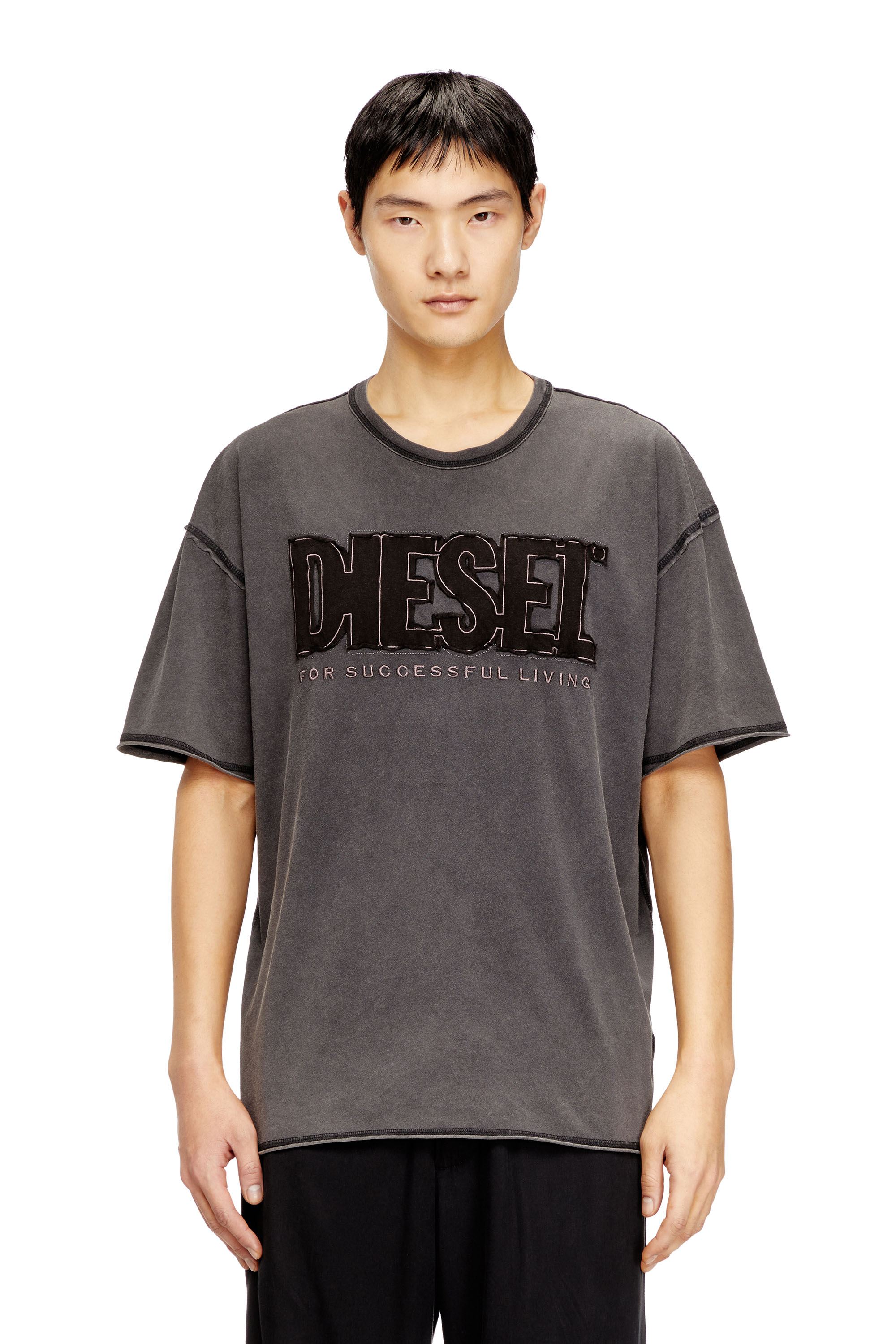 Diesel - T-RAWBOXT, Man's T-shirt with appliqu&eacute; logo and raw edge in Dark grey - 1