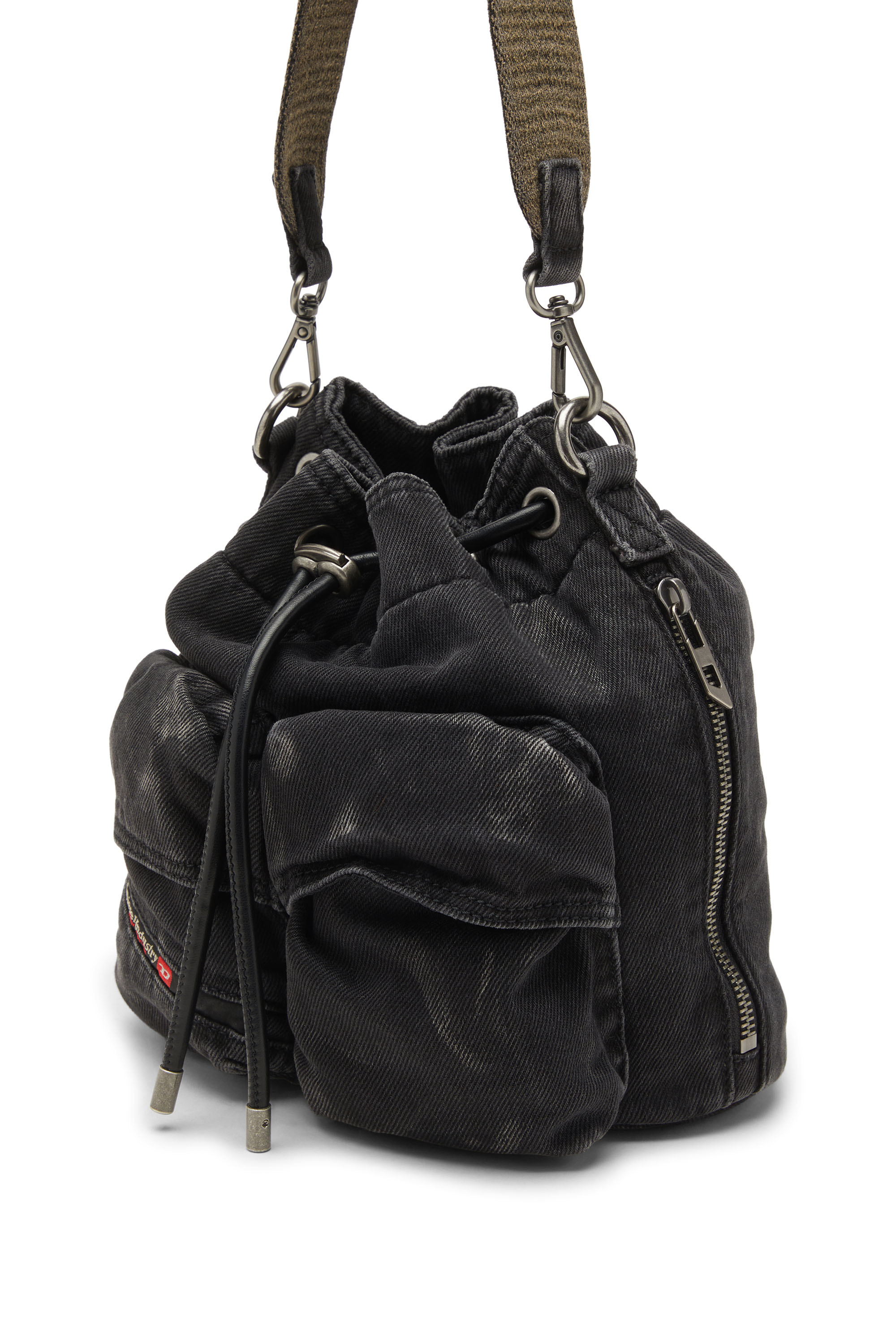 Diesel - MULTI-PKTS BUCKET X, Unisex's Multi-Pkts-Multipocket bucket bag in washed denim in Black - 5