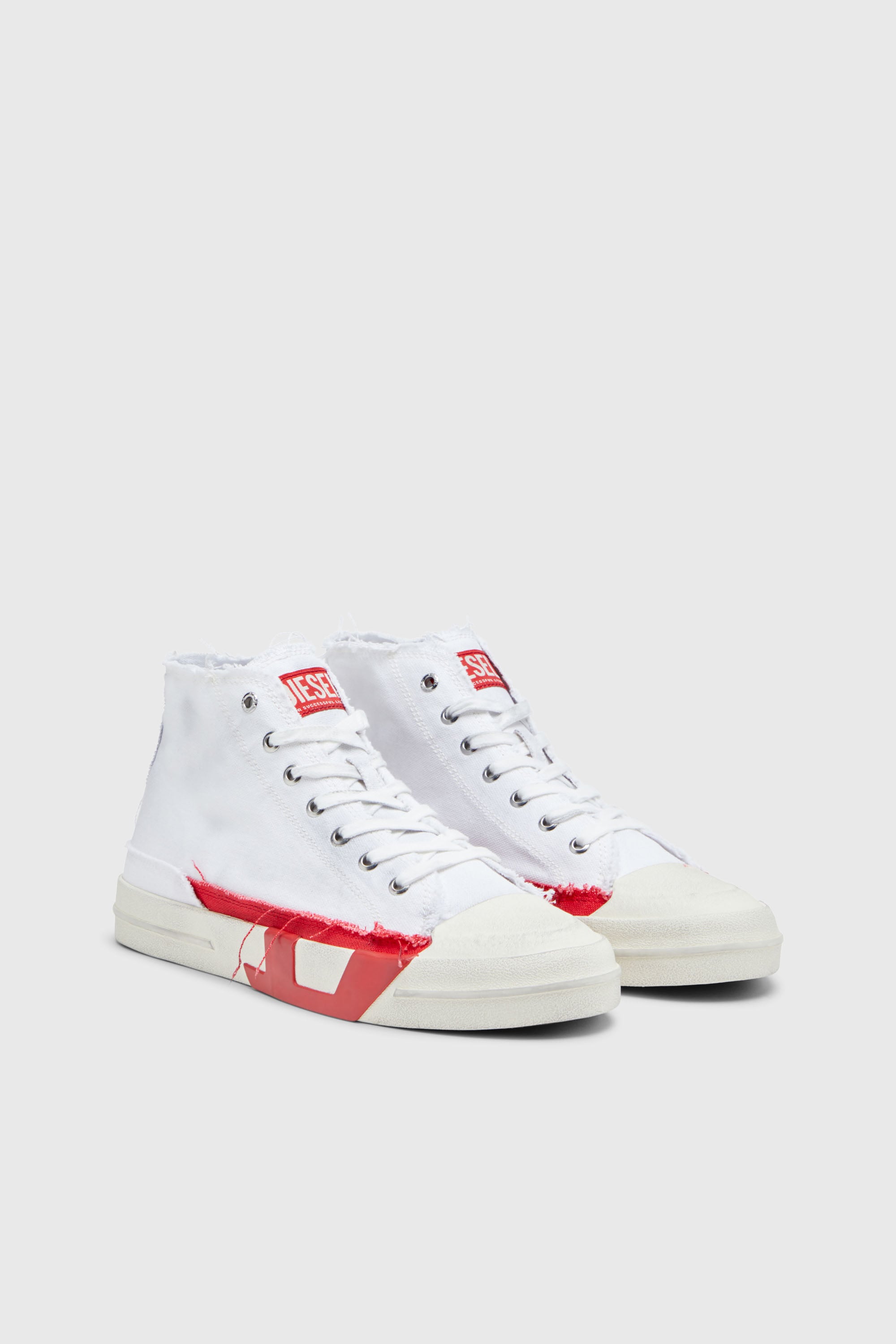 Diesel - S-D-VERSE MID, Man's S-D-Verse-Dirty-effect high-top canvas sneakers in White/Red - 2