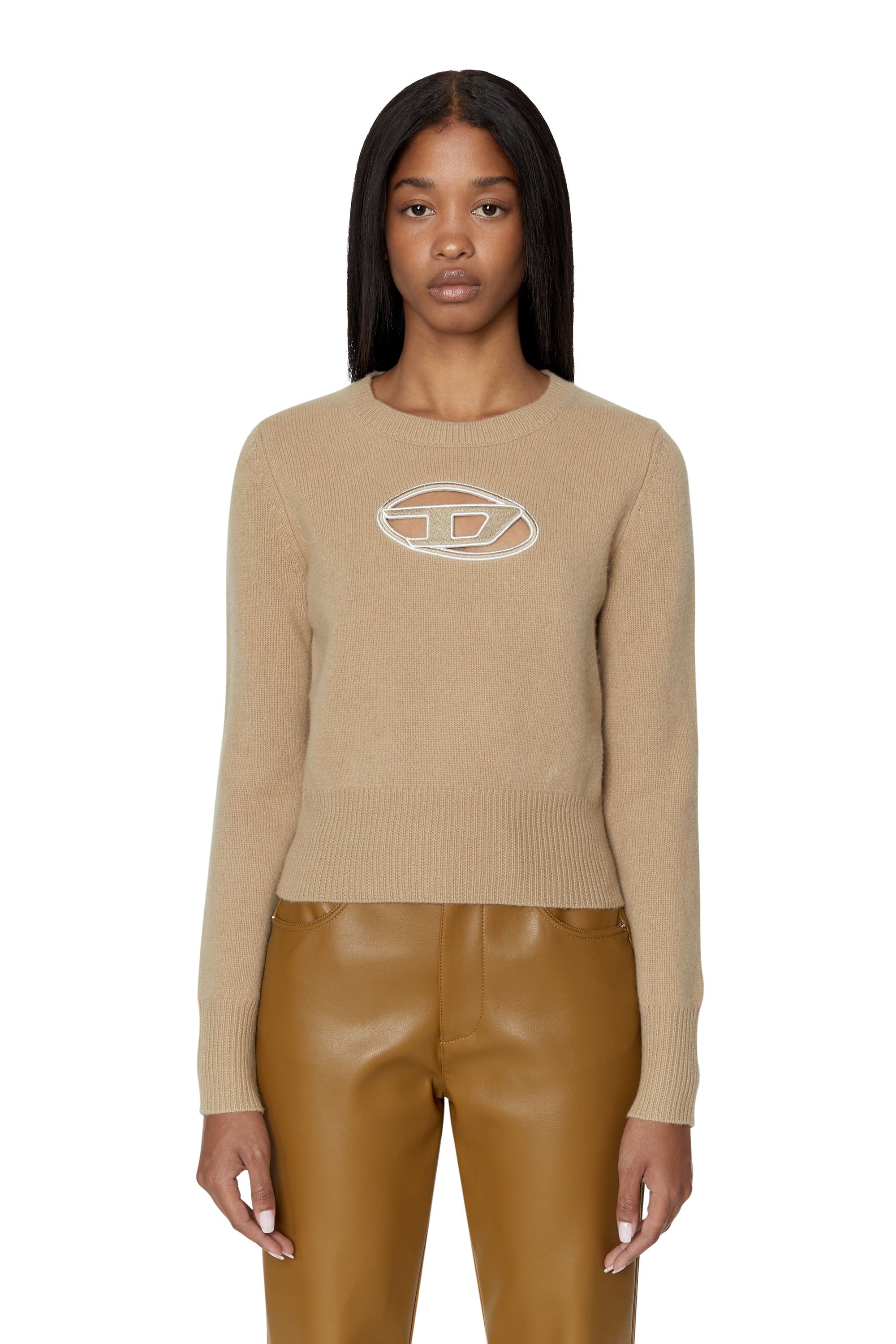 Diesel - M-AREESA, Woman's Jumper with embroidered cut-out logo in Beige - 1