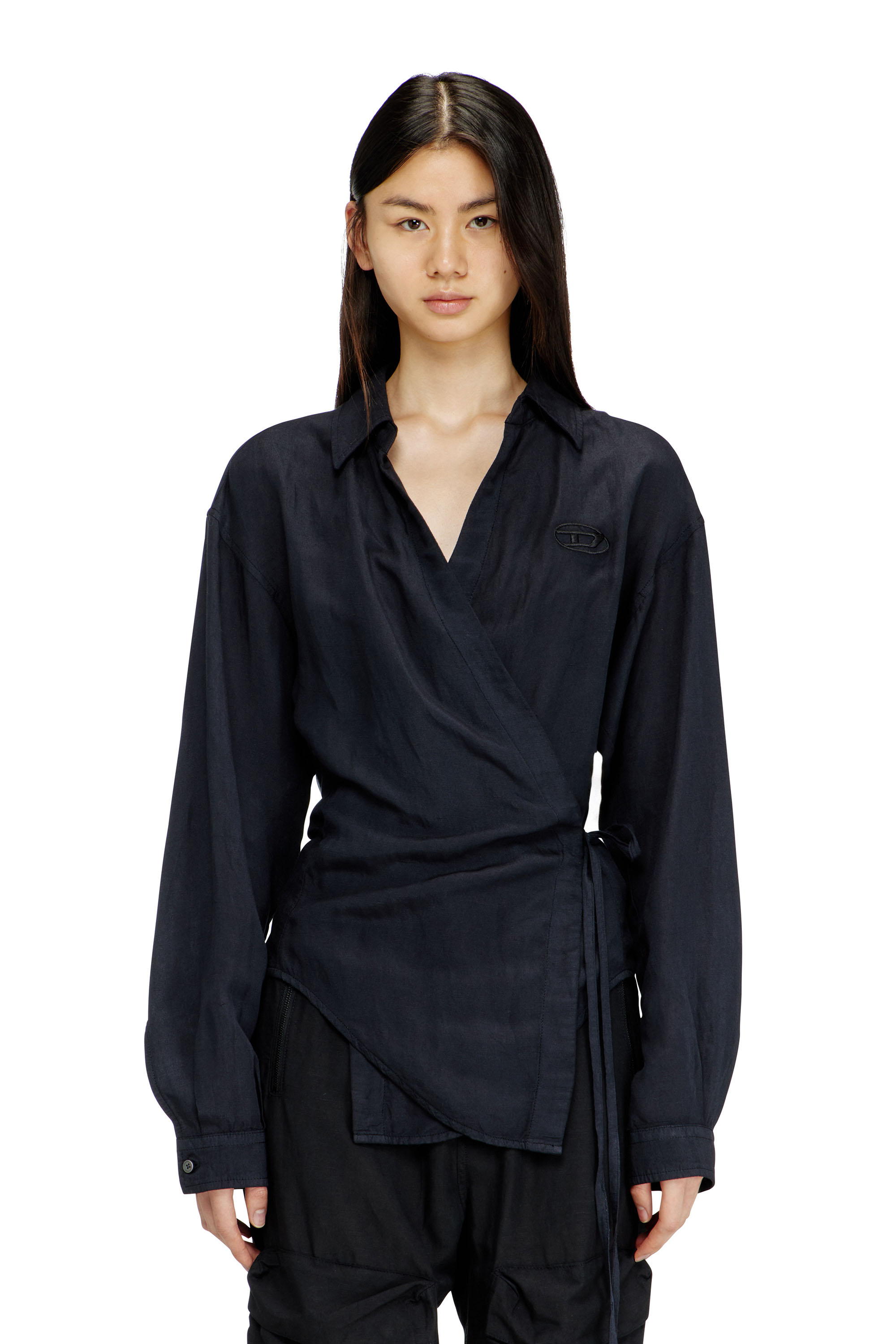 Diesel - C-DELPHOS-S3, Woman's Linen-blend shirt with wrap closure in Black - 3