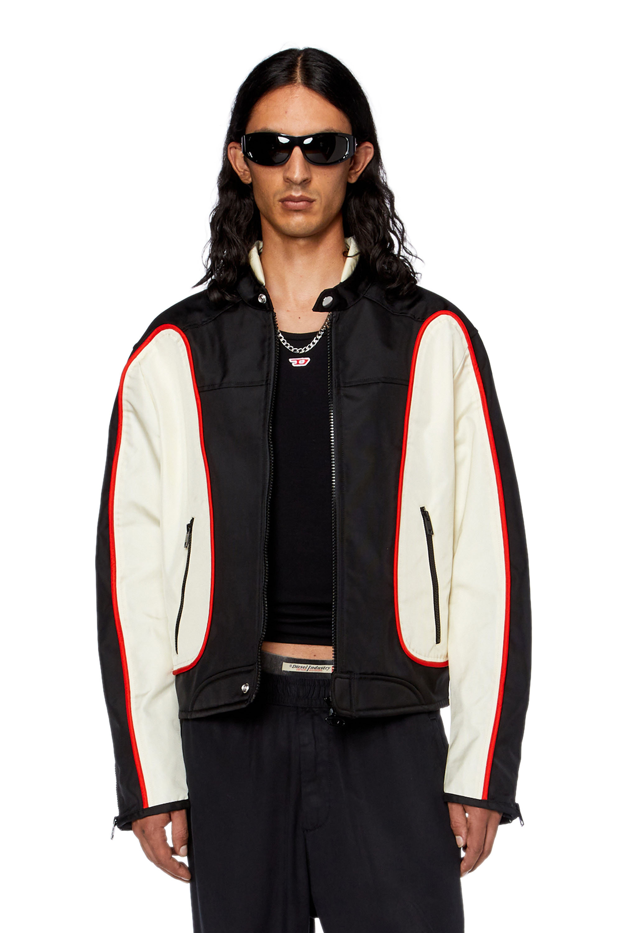 Diesel - J-BLINK, Man's Biker jacket in colour-block nylon in Black/White - 3