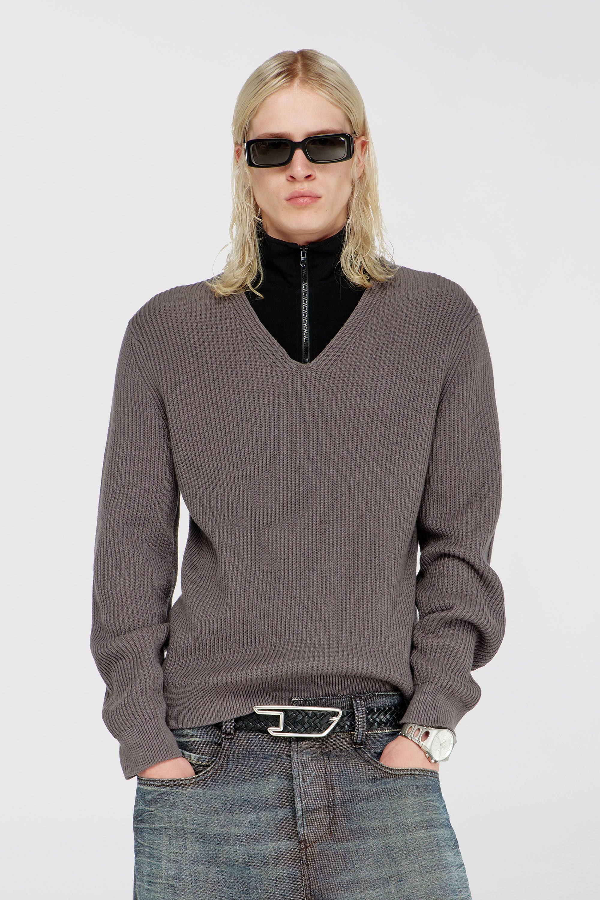 Diesel - K-MAMU, Man's Half-zip sweater with layered neckline in Black/Grey - 3