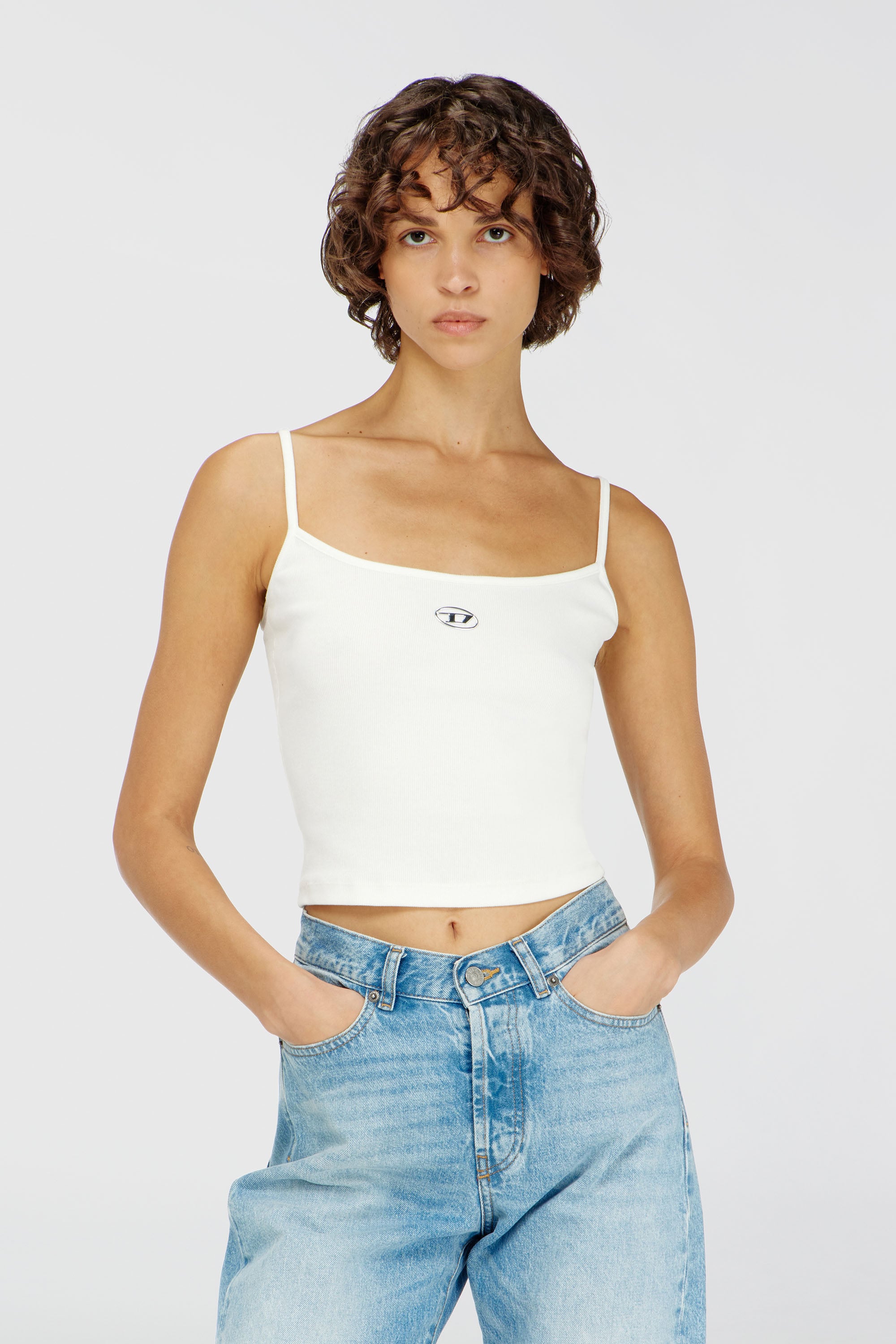 Diesel - T-HUPY-OD, Woman's Ribbed tank top with metallic Oval D in White - 1