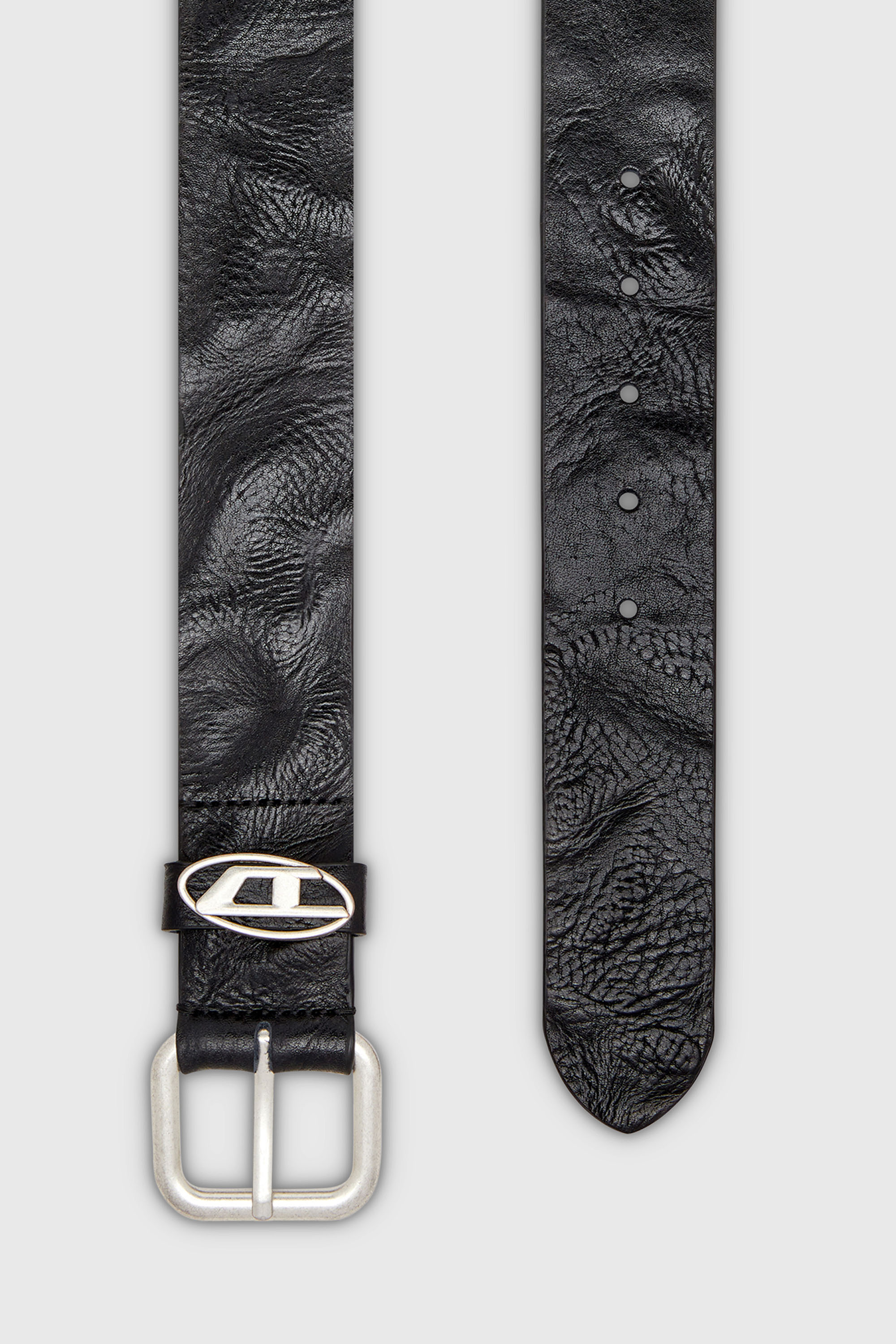 Diesel - B-1DR OVAL D LOOP, Unisex's 3.9cm logo-plaque wrinkled leather belt in Black - 2