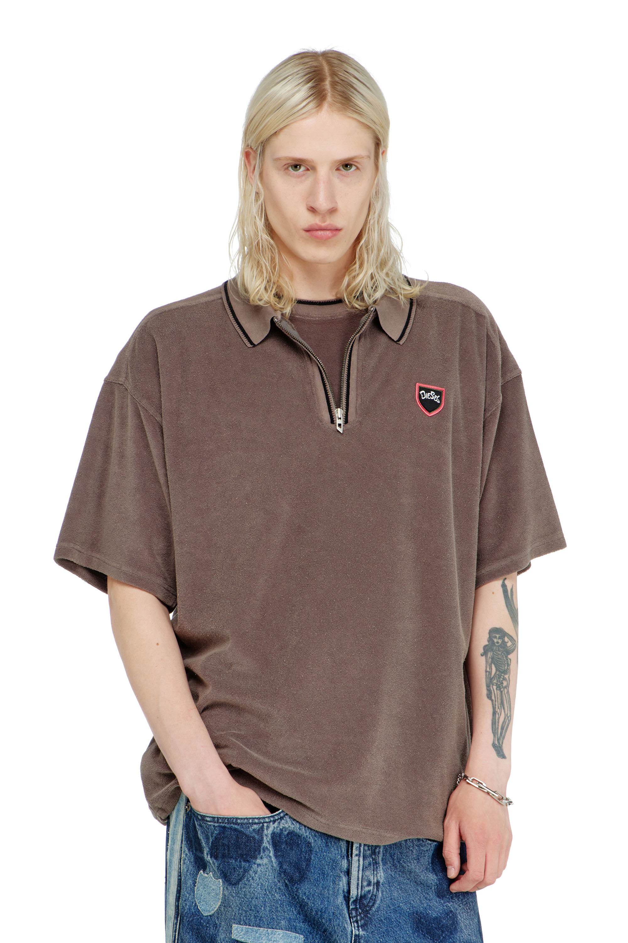 Diesel - T-SPONGY-ZIP, Man's Chenille polo shirt with shield patch in null - 1
