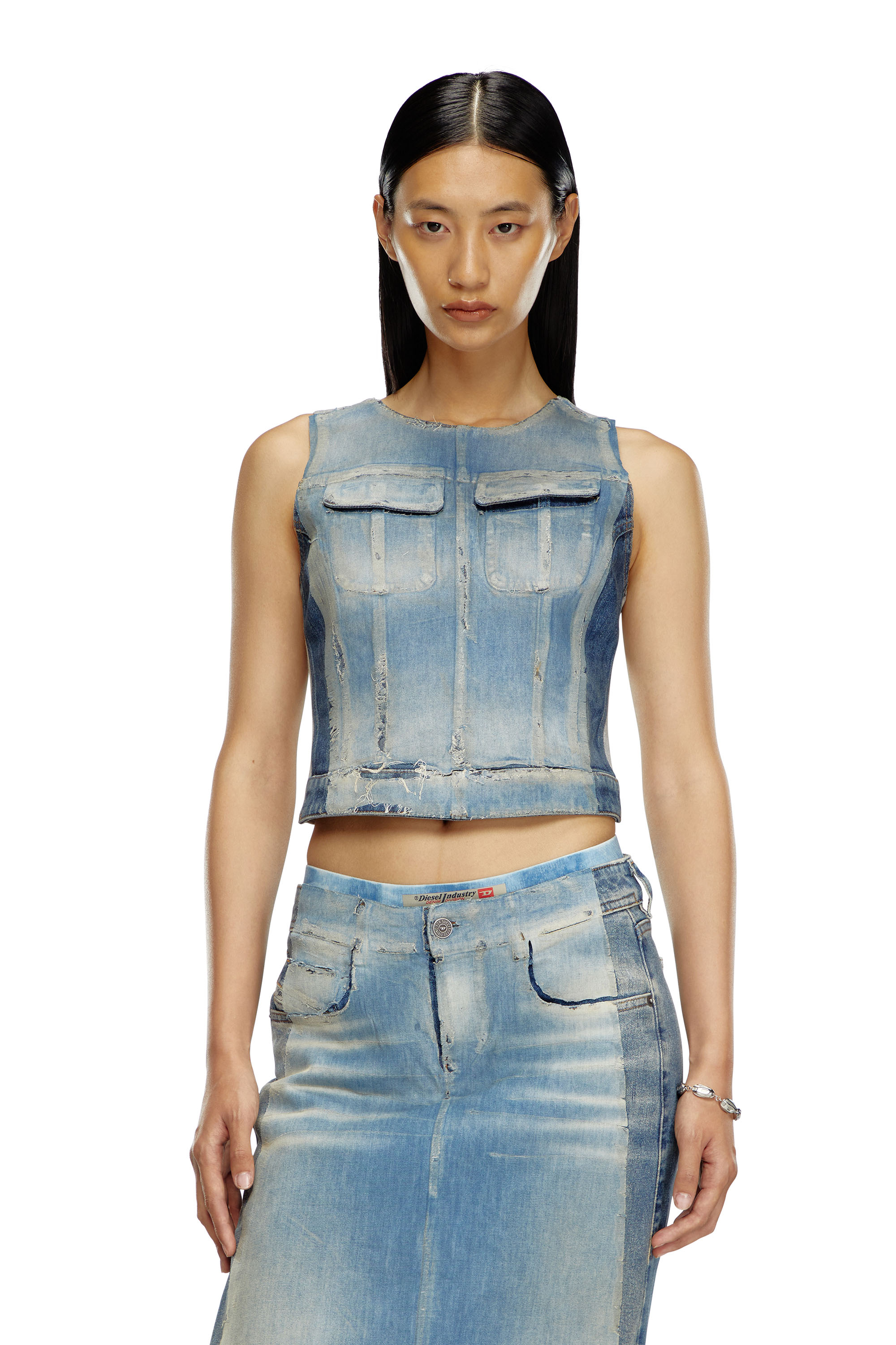 Diesel - DE-BENEDICTA-S, Woman's Top in peel-off denim and jersey in Light Blue - 5