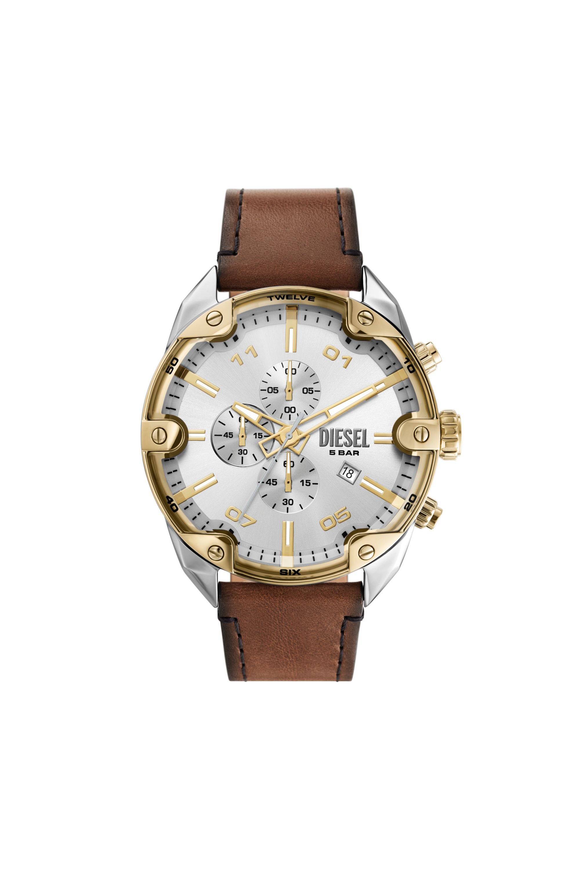 Diesel - DZ4665, Man's Spiked chronograph brown leather watch in Brown - 1