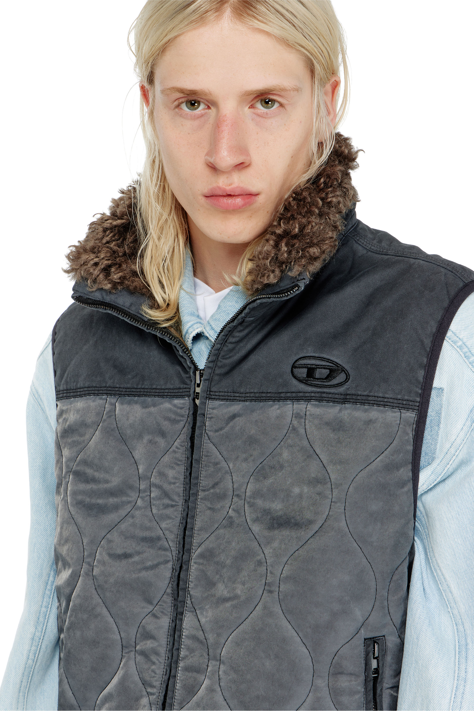 Diesel - J-ALVAR, Man's Quilted vest with fluffy neck lining in Dark grey - 6