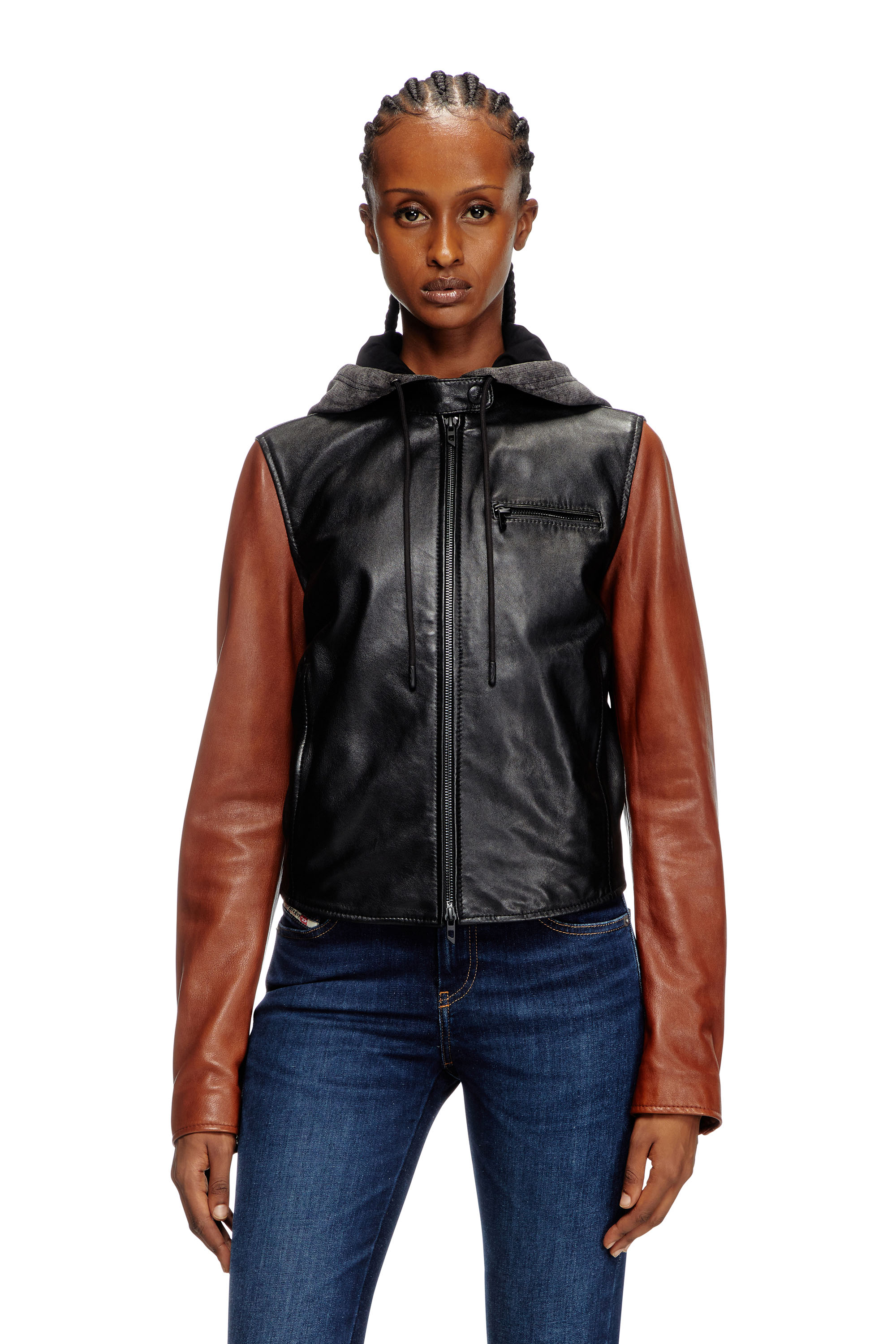 Diesel - L-OUDER, Woman's Colour-block leather jacket in Black/Brown - 3