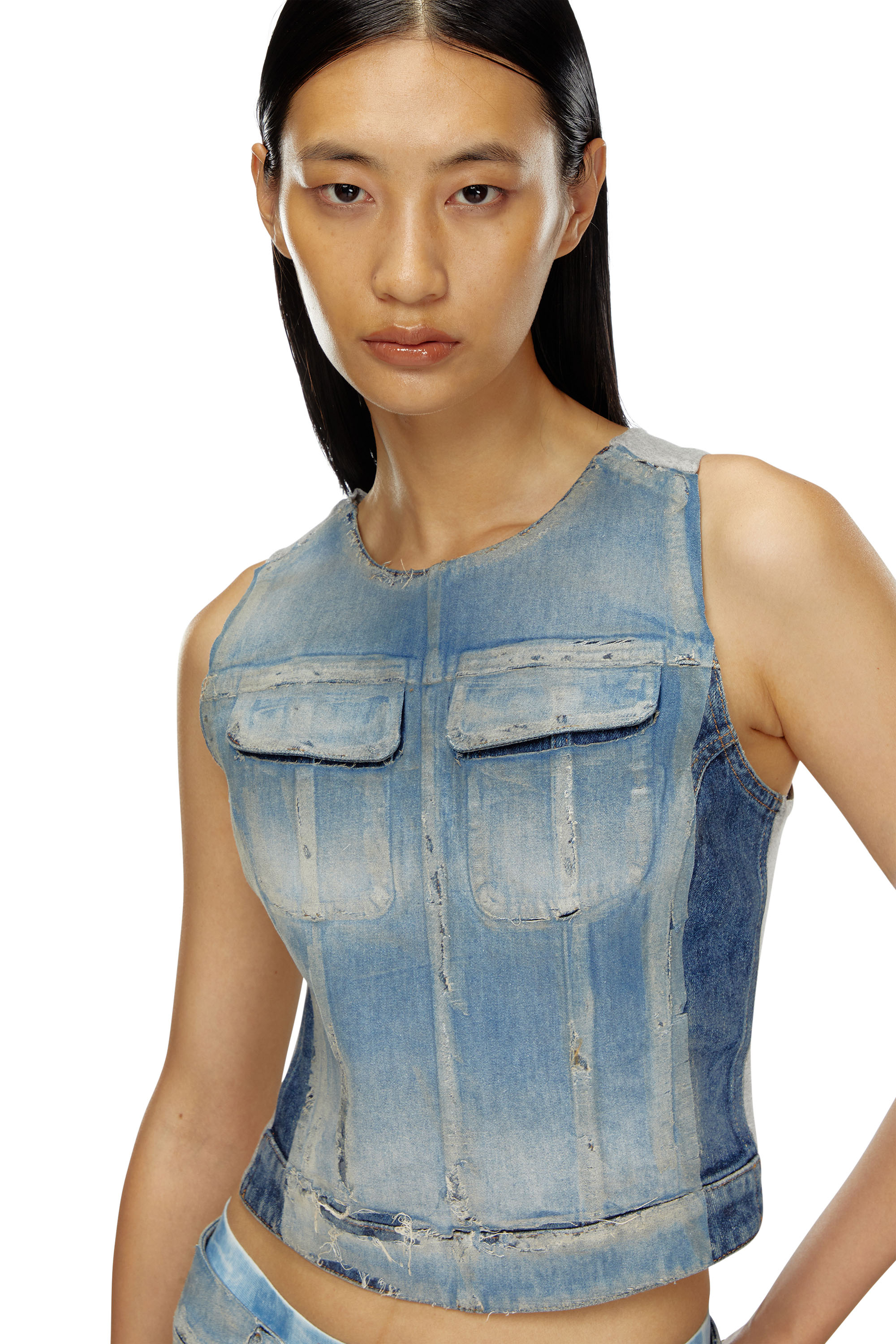 Diesel - DE-BENEDICTA-S, Woman's Top in peel-off denim and jersey in Light Blue - 4