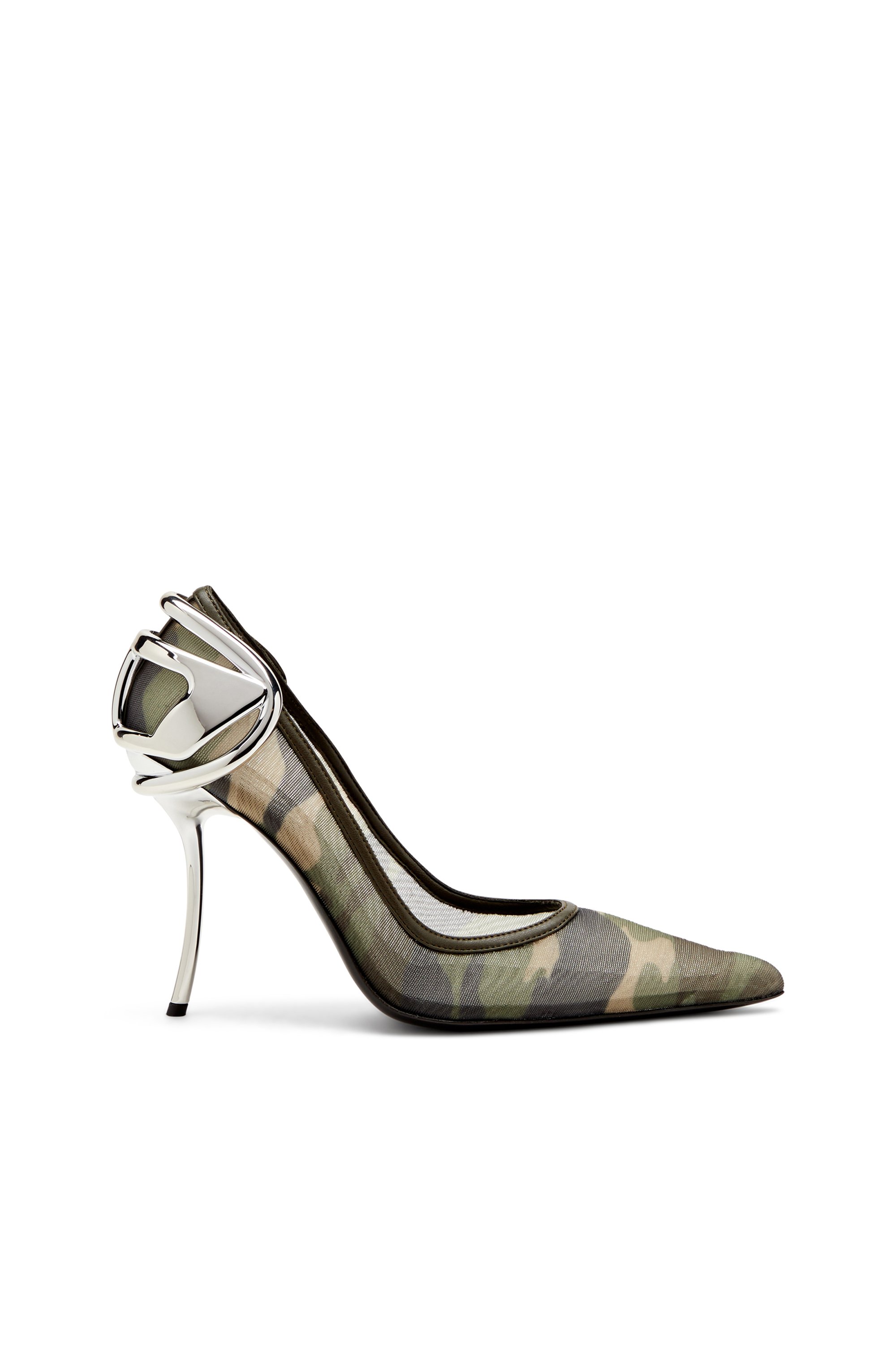 Diesel - D-TEN&HALF P, Woman's D-Ten&Half-Camo-mesh pumps with curved heel in Military Green - 1