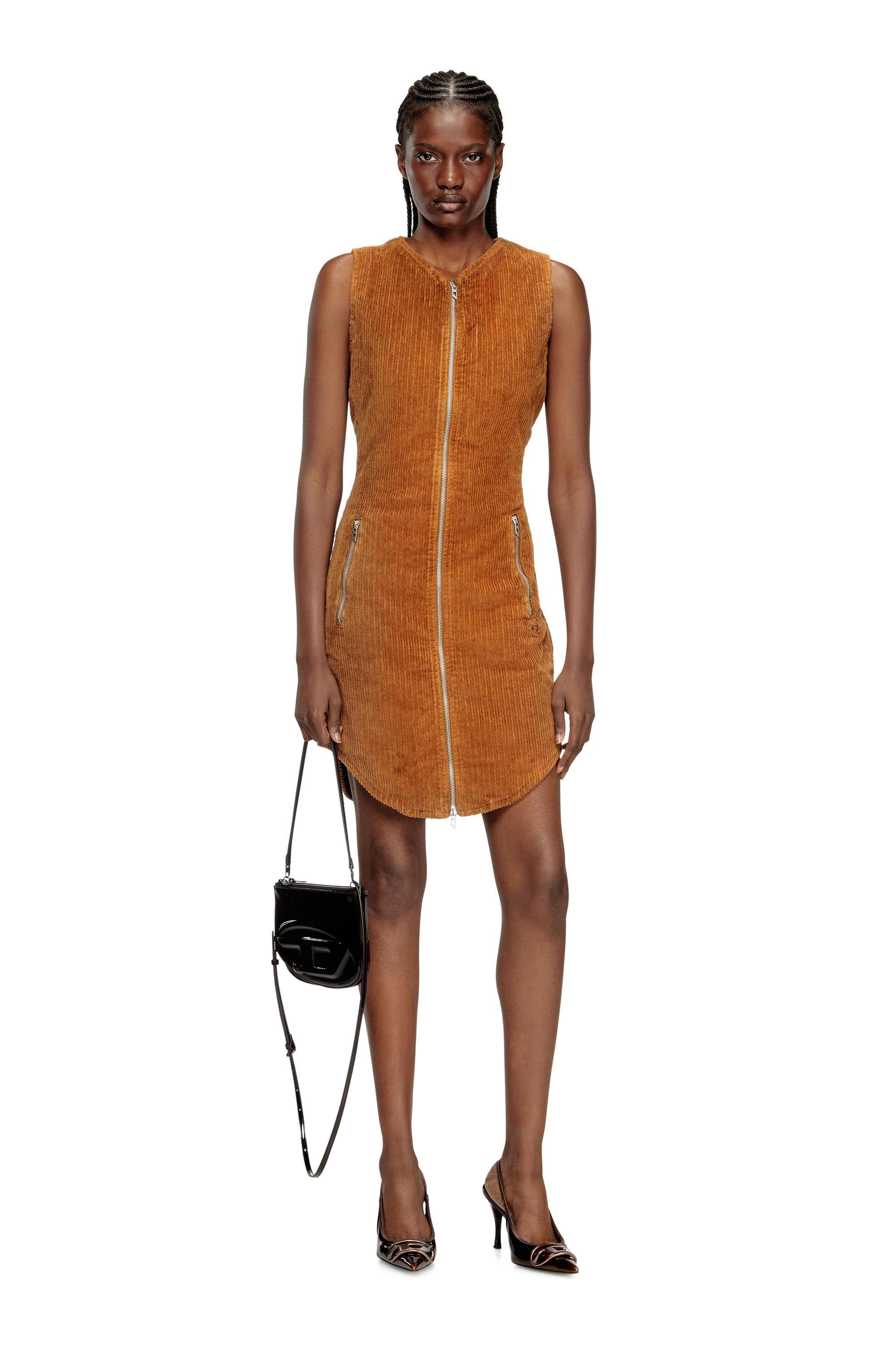 Diesel - D-ENEA, Woman's Cotton mini dress with front zipper in Brown - 1