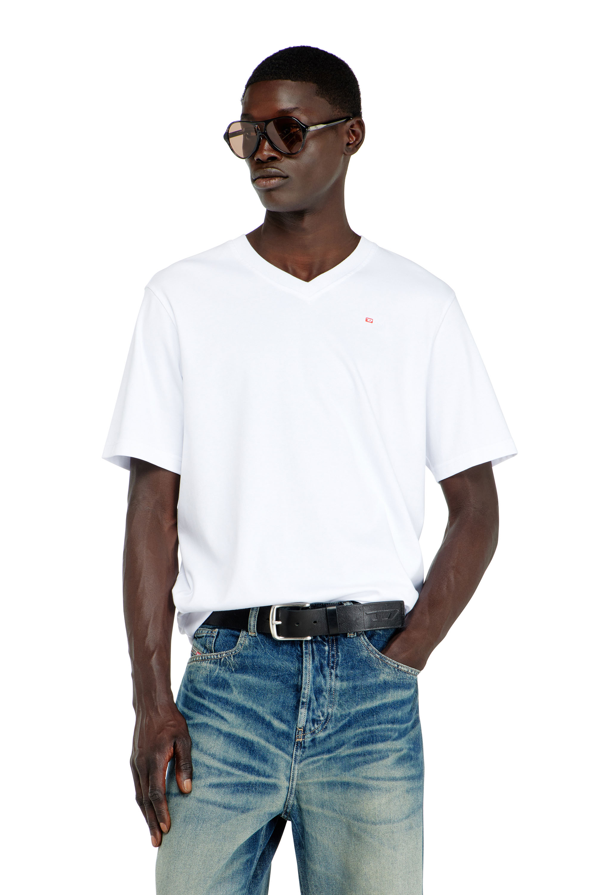 Diesel - T-ADJUST-V-MICRODIV, Man's V-neck T-shirt with micro logo embroidery in White - 1