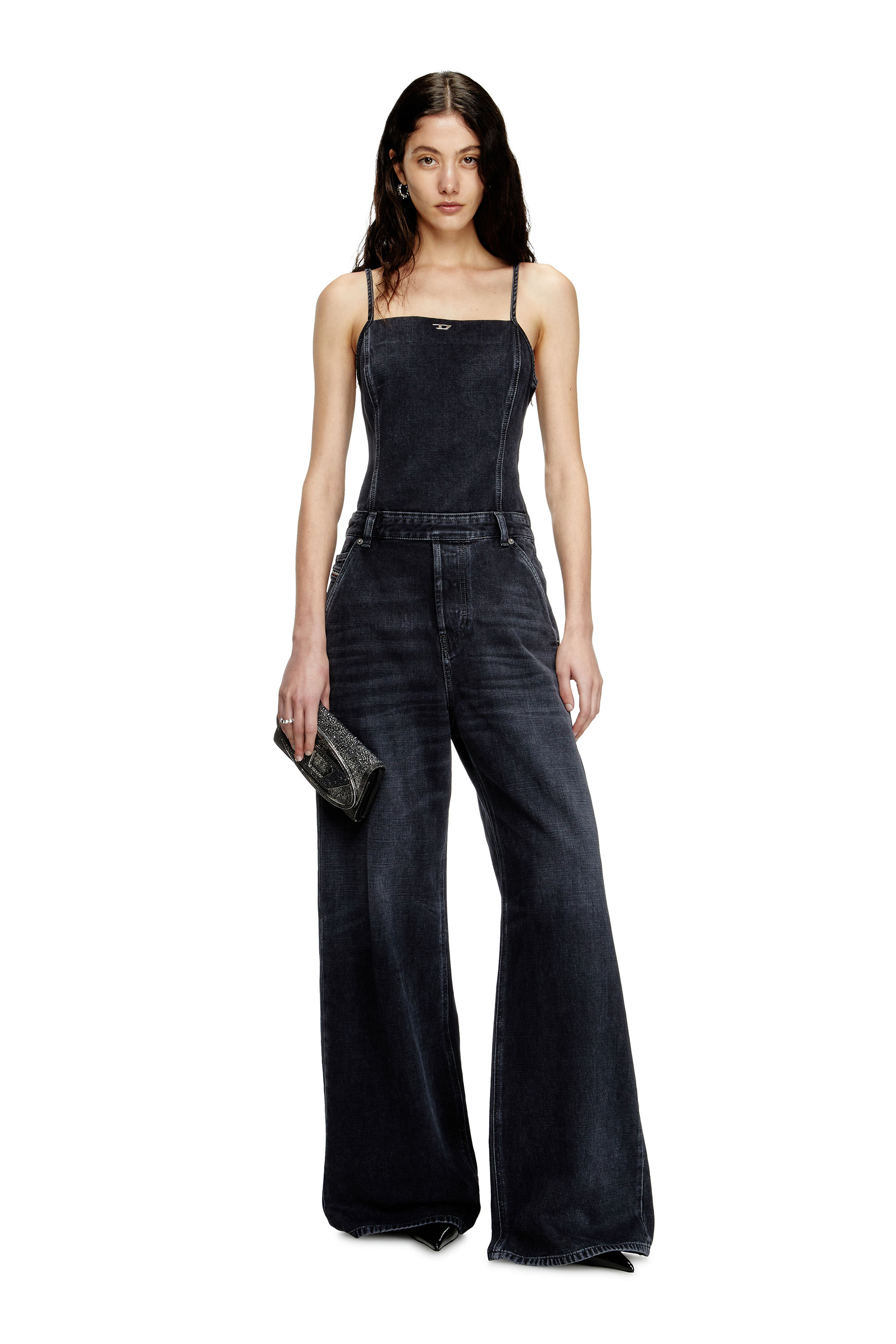 Diesel - DE-VORS, Woman's Strappy jumpsuit in batavia-weave denim in Black/Dark grey - 3
