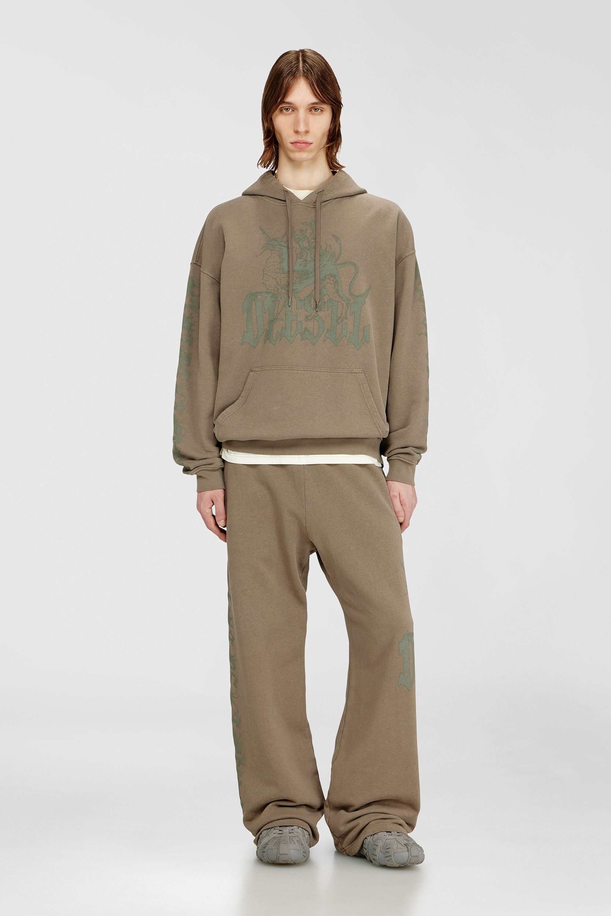 Diesel - S-GRIFFON, Man's Treated hoodie with griffin print in Light Brown - 1