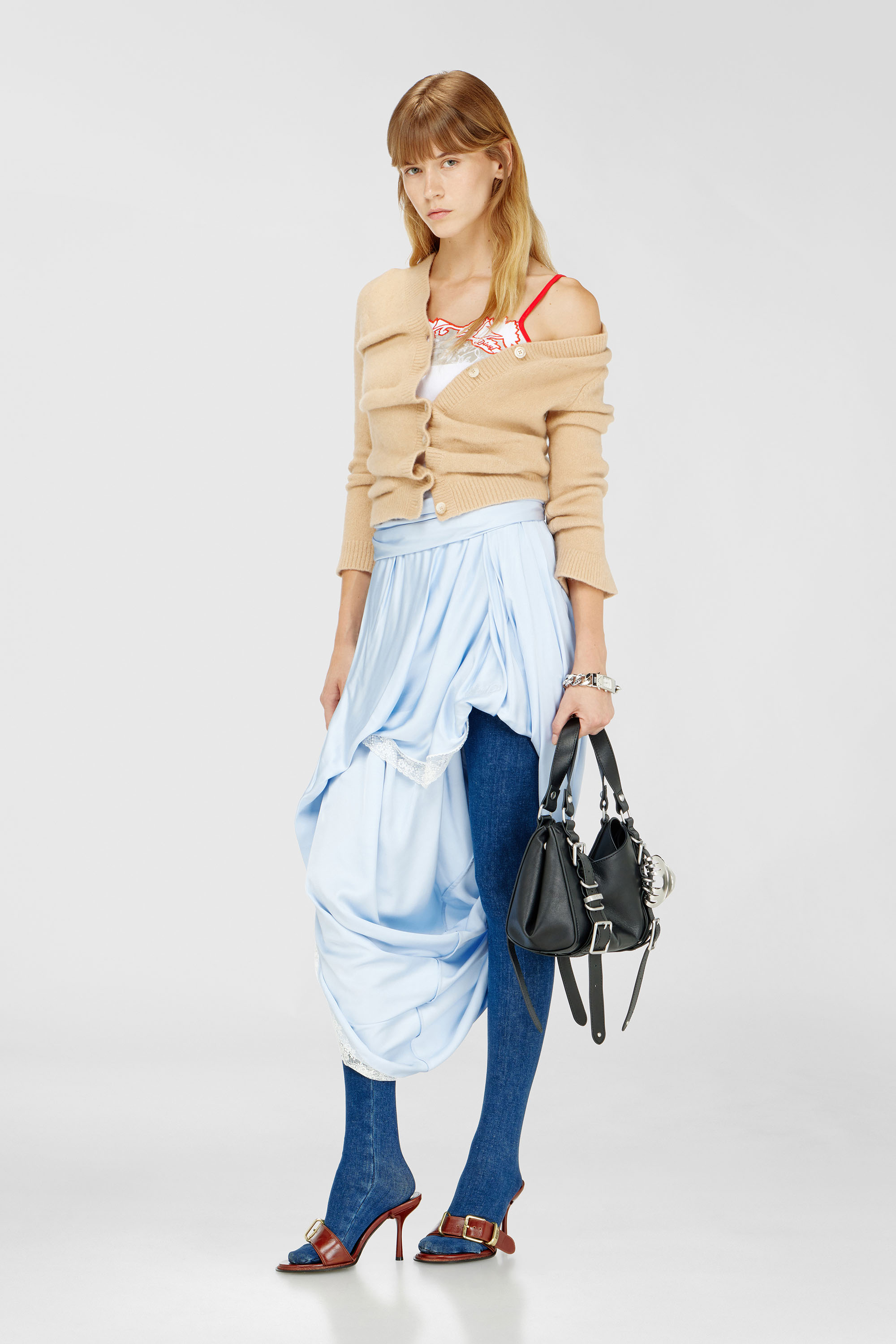 Diesel - O-WANDA, Woman's Draped satin midi skirt with lace trim in Light Blue - 1