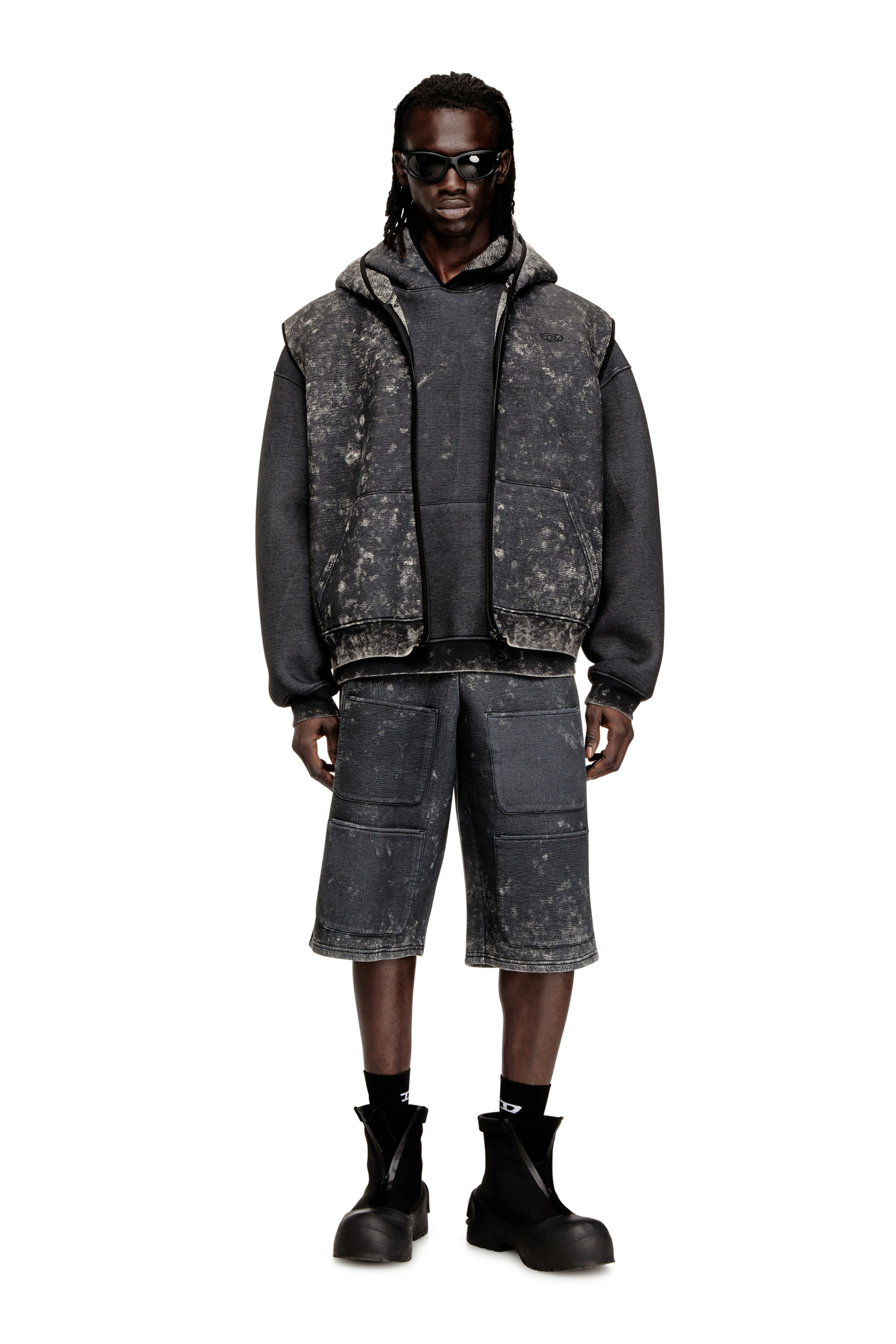 Diesel - S-TYP, Unisex's Wide-leg shorts in marble-effect scuba in Black/Dark grey - 2