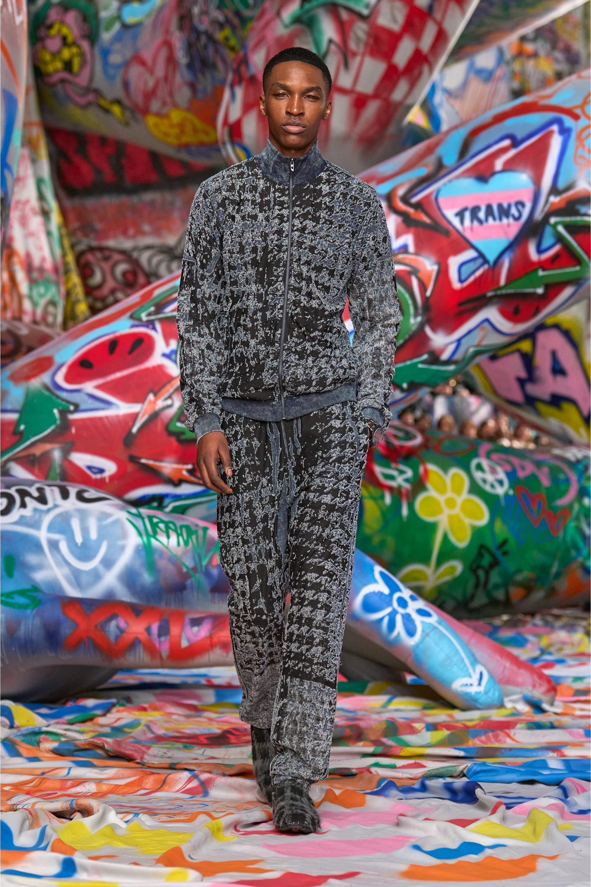 Diesel - S-CORR, Man's Devoré houndstooth zip-up top in Black/Blue - 3