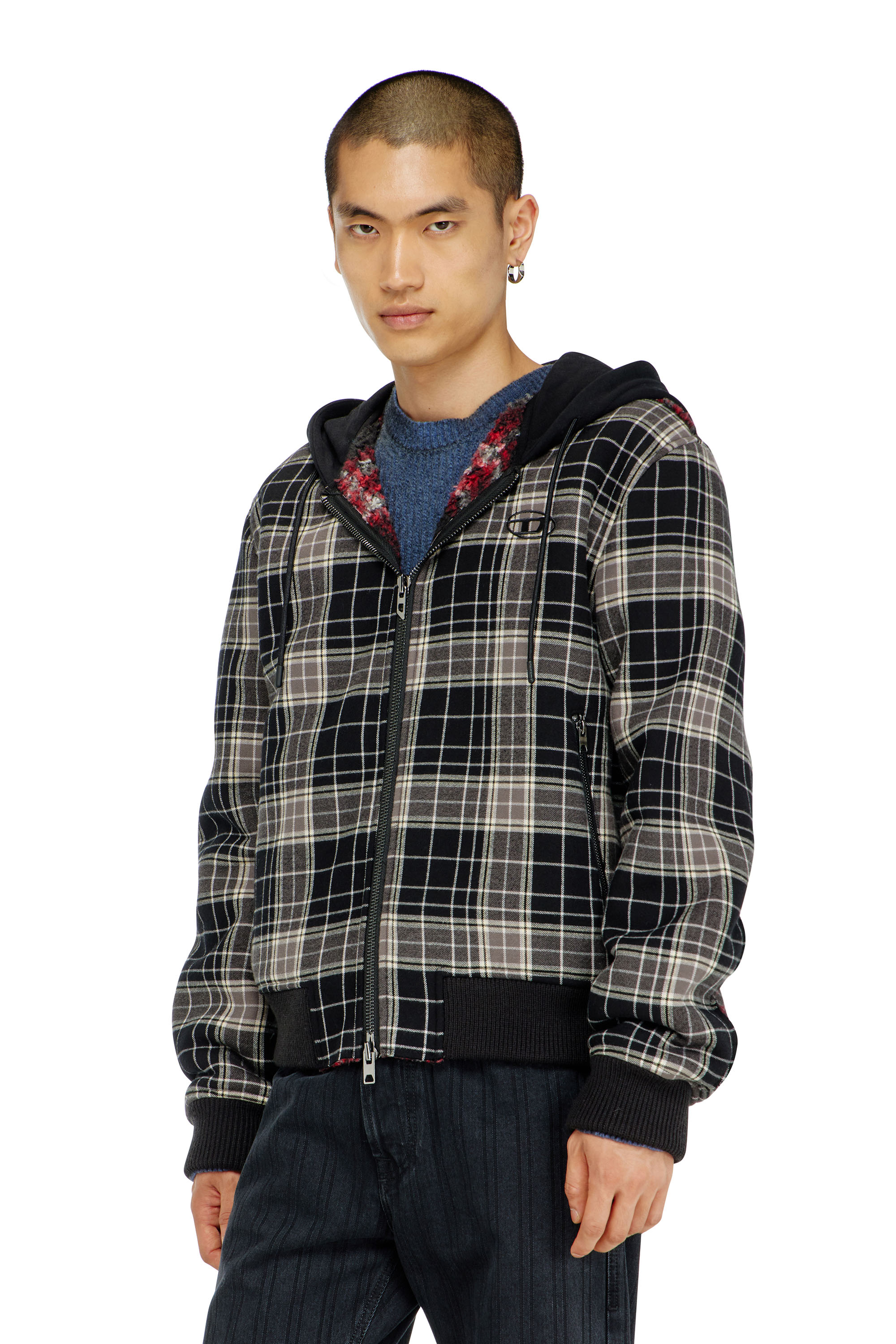 Diesel - W-KUNST, Man's Check-flannel bomber jacket with teddy interior in Grey/Black - 3