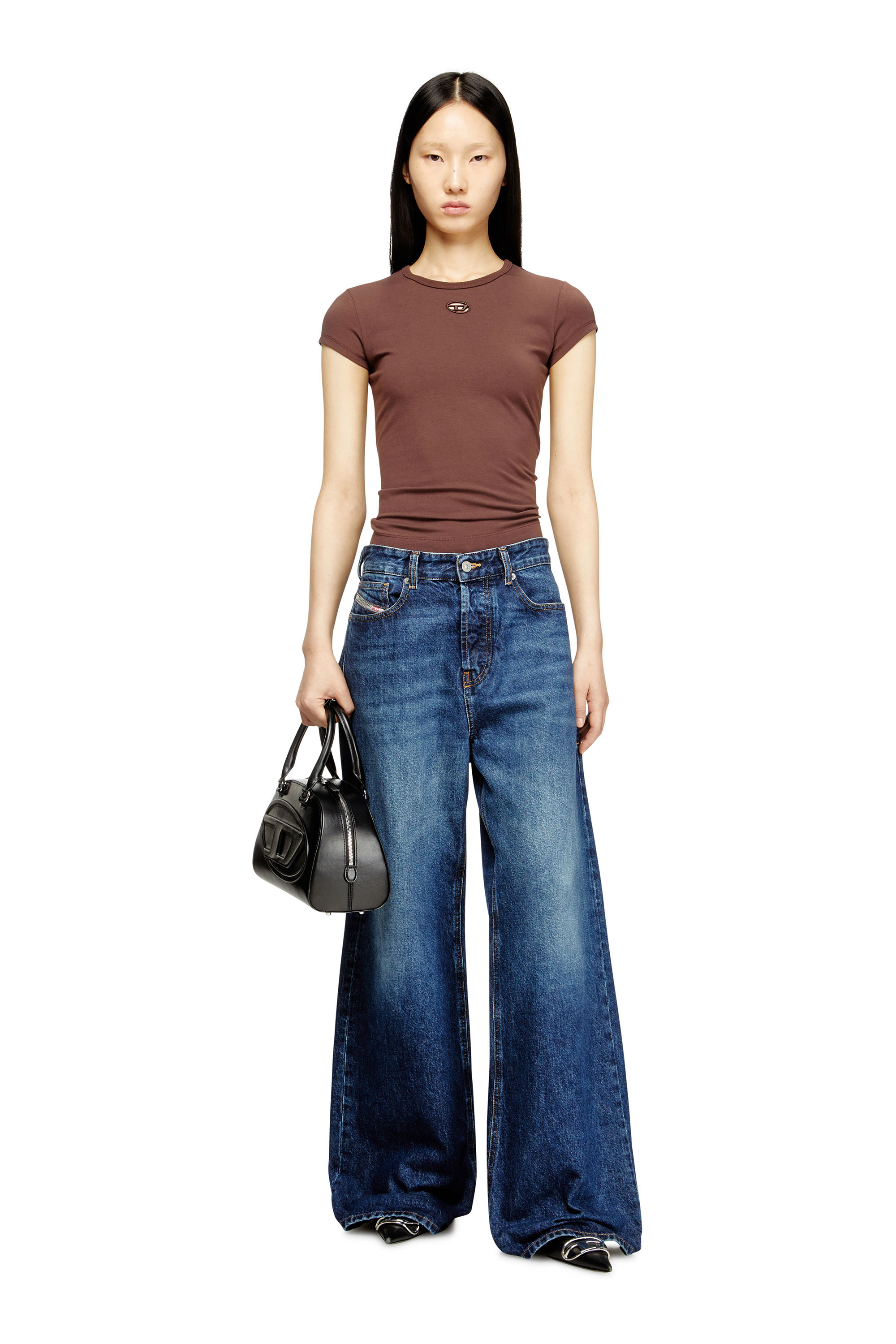 Diesel - T-ANGIE-OD, Woman's T-shirt with cut-out embroidered logo in Brown - 2