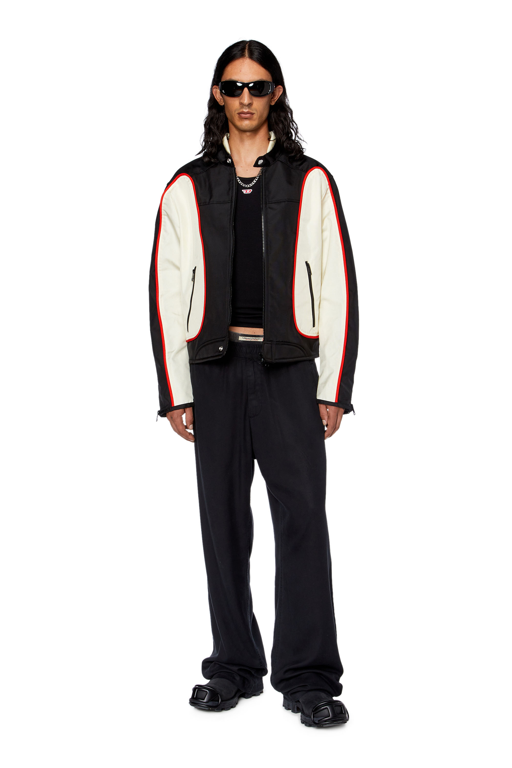 Diesel - J-BLINK, Man's Biker jacket in colour-block nylon in Black/White - 1