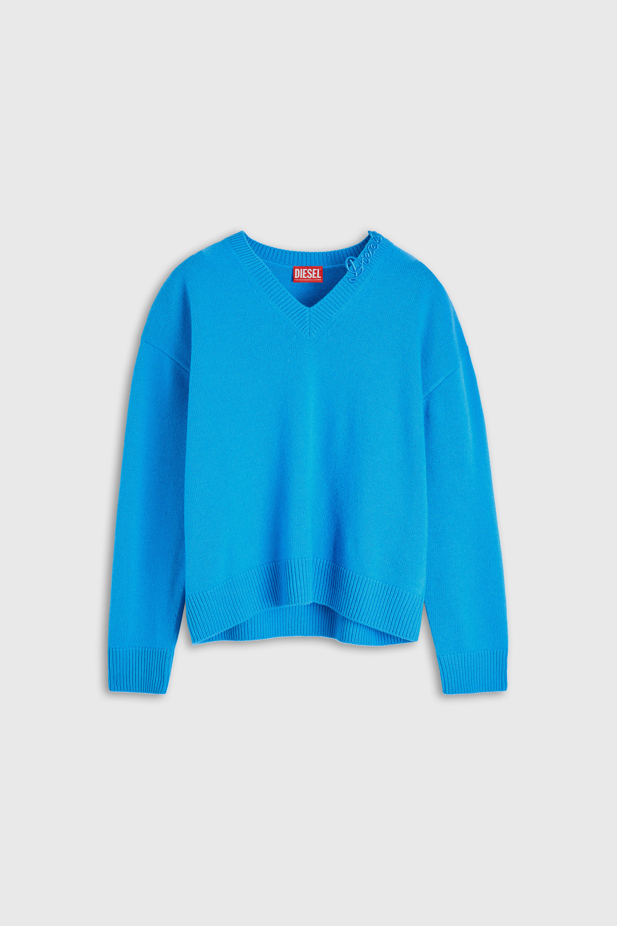 Diesel - M-IMOSA, Woman's Wool V-neck jumper with neck logo in Azure - 2