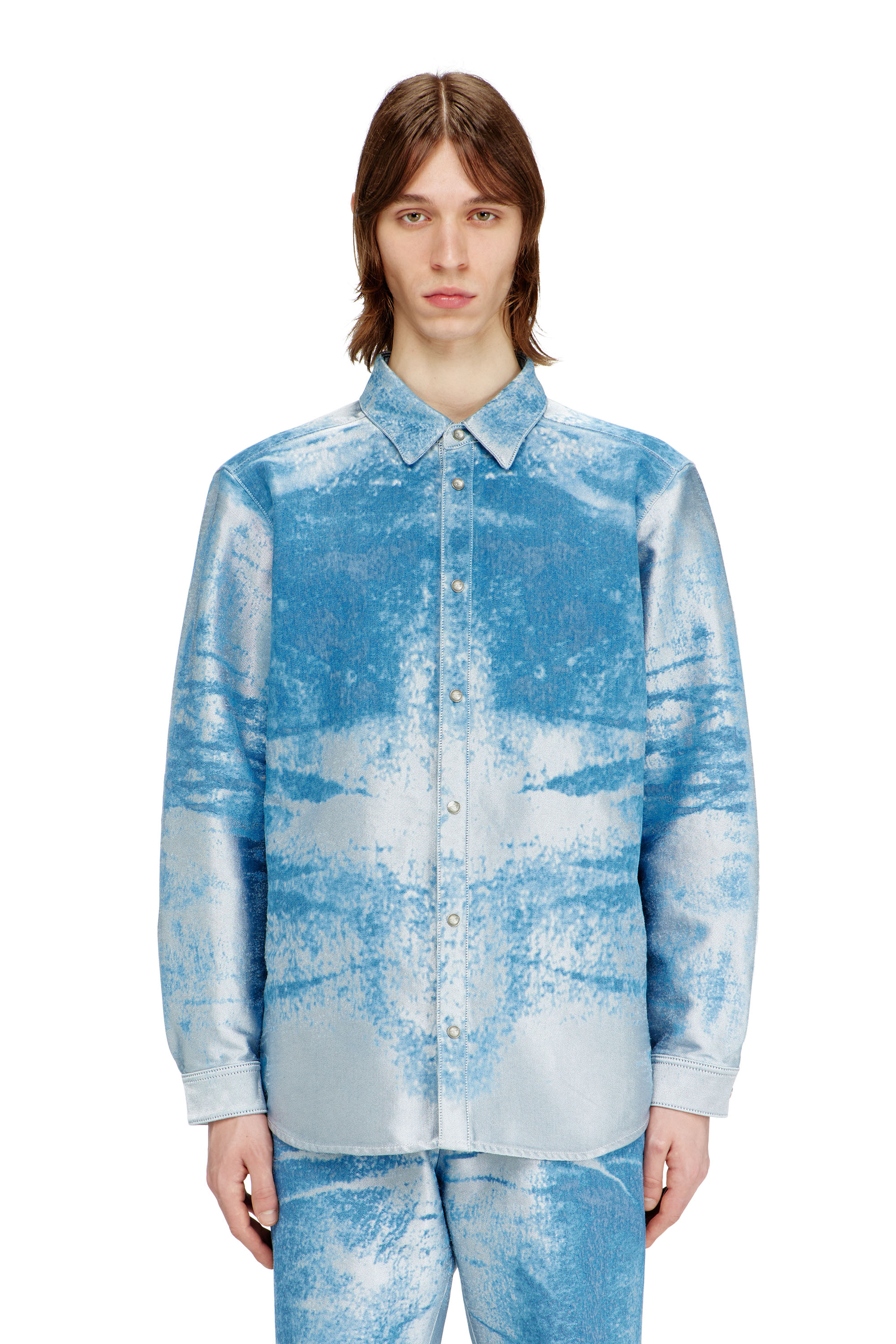 Diesel - D-KELMAR-FSI, Man's Shirt in coloured satin denim in Light Blue - 1