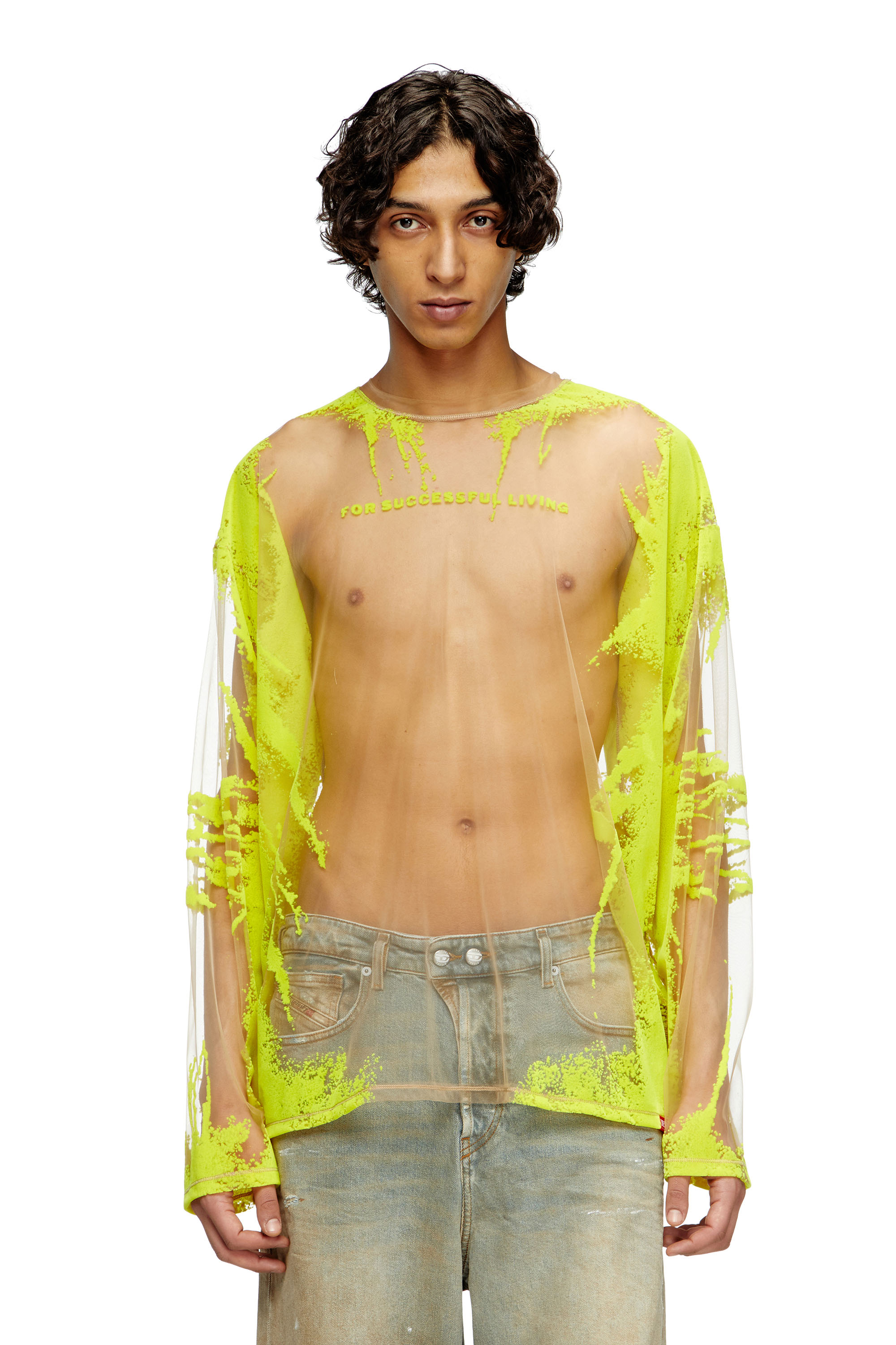 Diesel - T-HASSAN-LS-A, Unisex's Long-sleeve nylon T-shirt with lyrics print in Yellow - 3