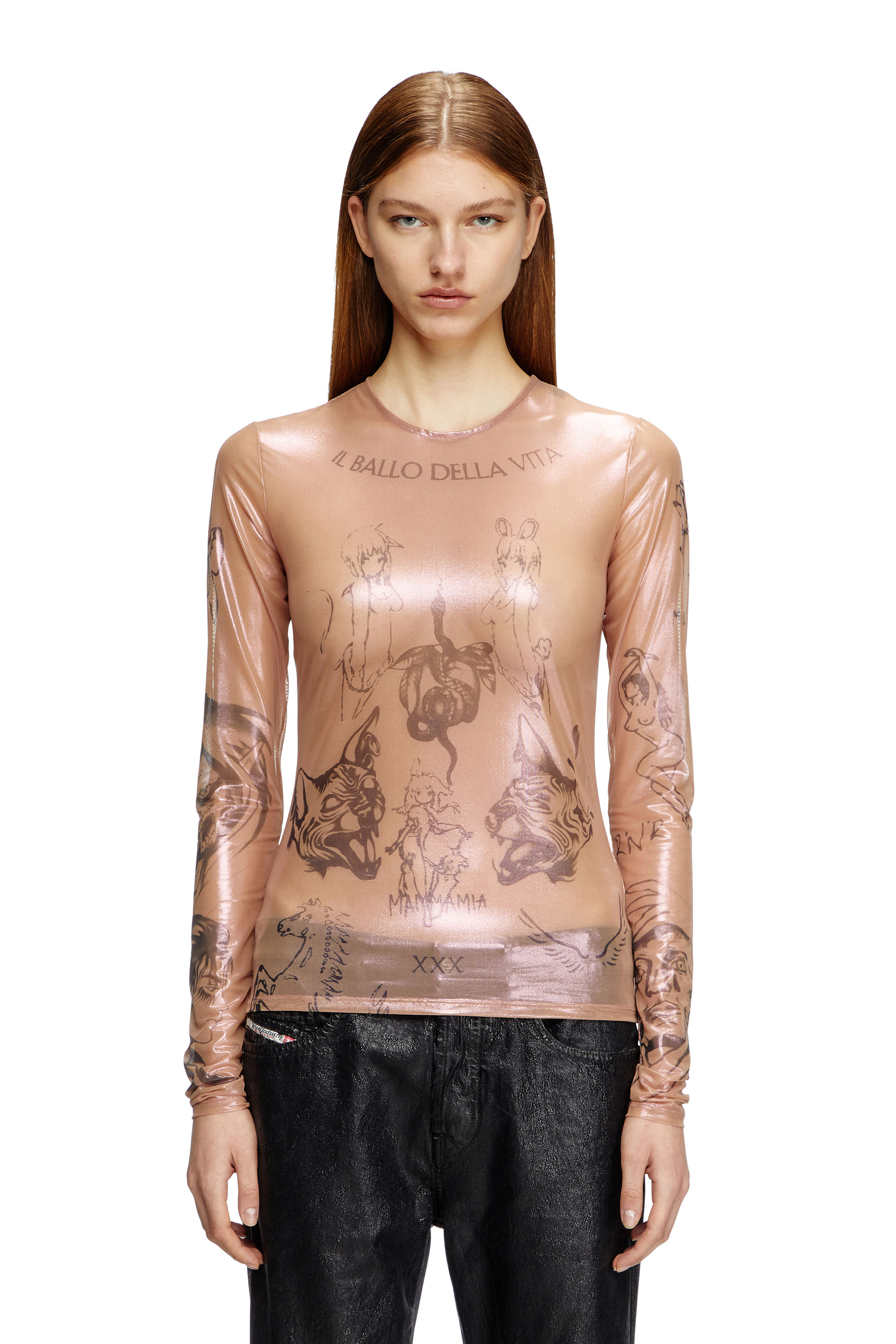 Diesel - T-CLAUDE-DD, Unisex's Tattoo top in coated stretch tulle in Nude - 5