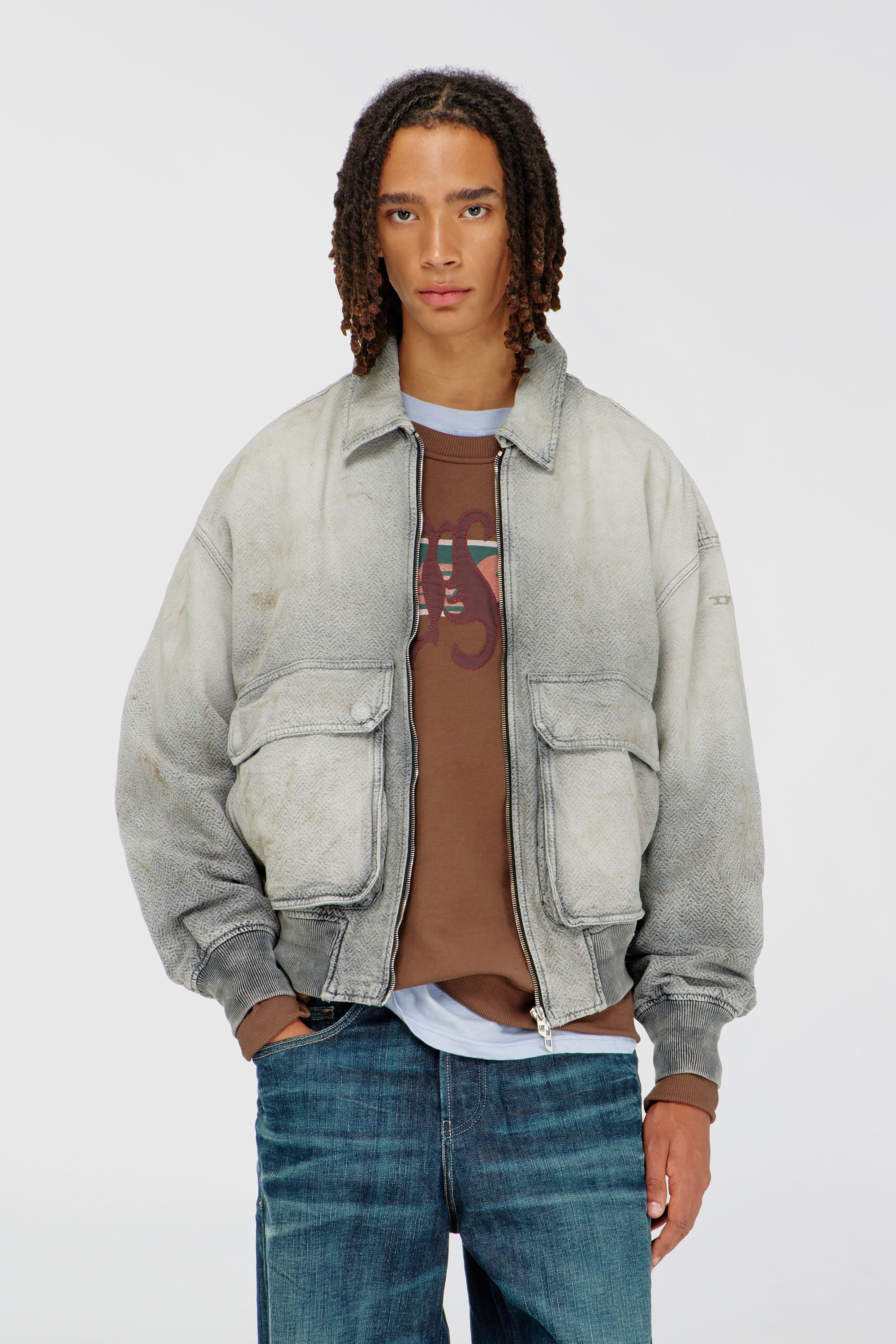Diesel - D-KURZ, Unisex's Jacket in distressed herringbone denim in Grey - 1