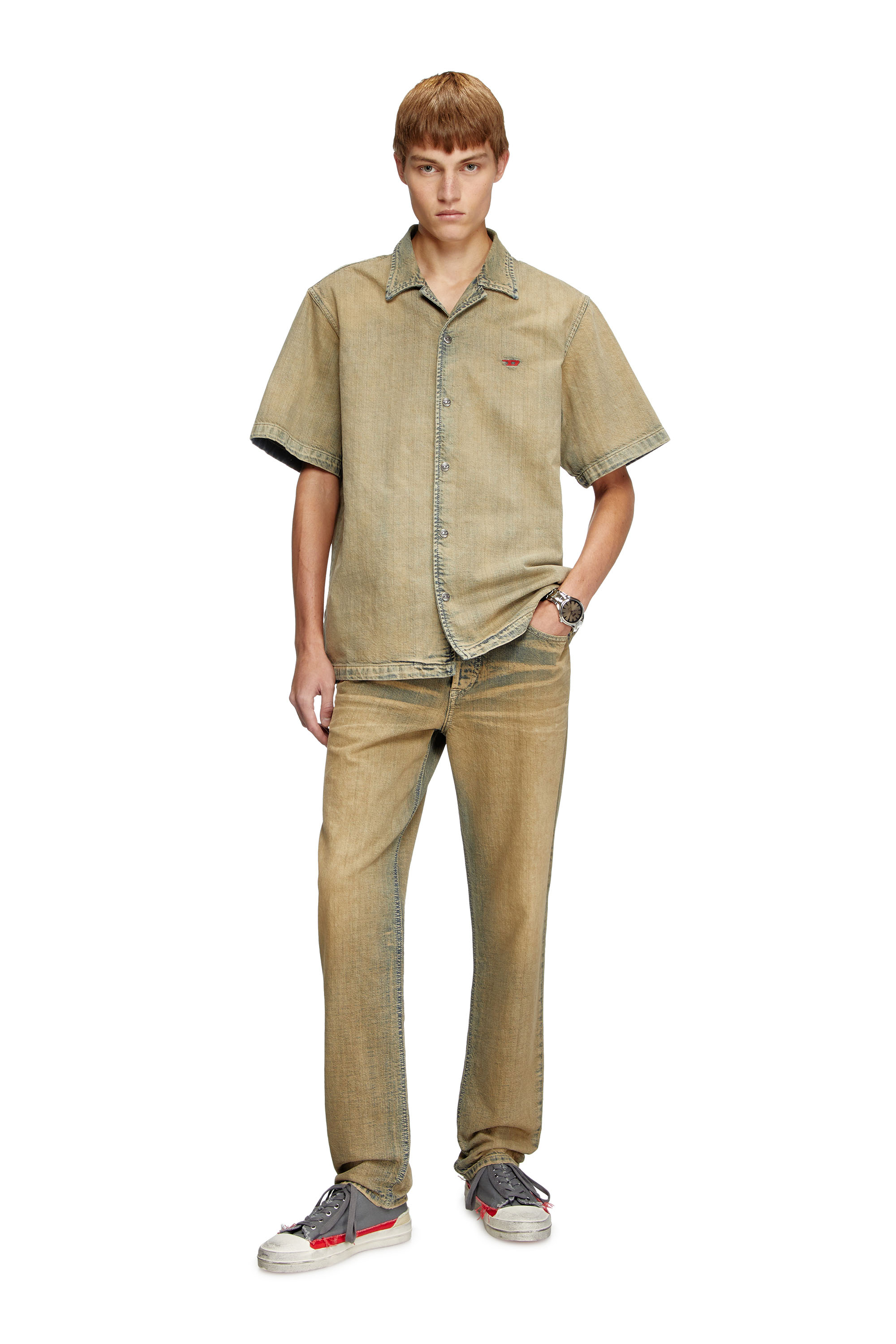 Diesel - D-NABIL-D, Man's Bowling shirt in gold-brush denim in Beige - 1