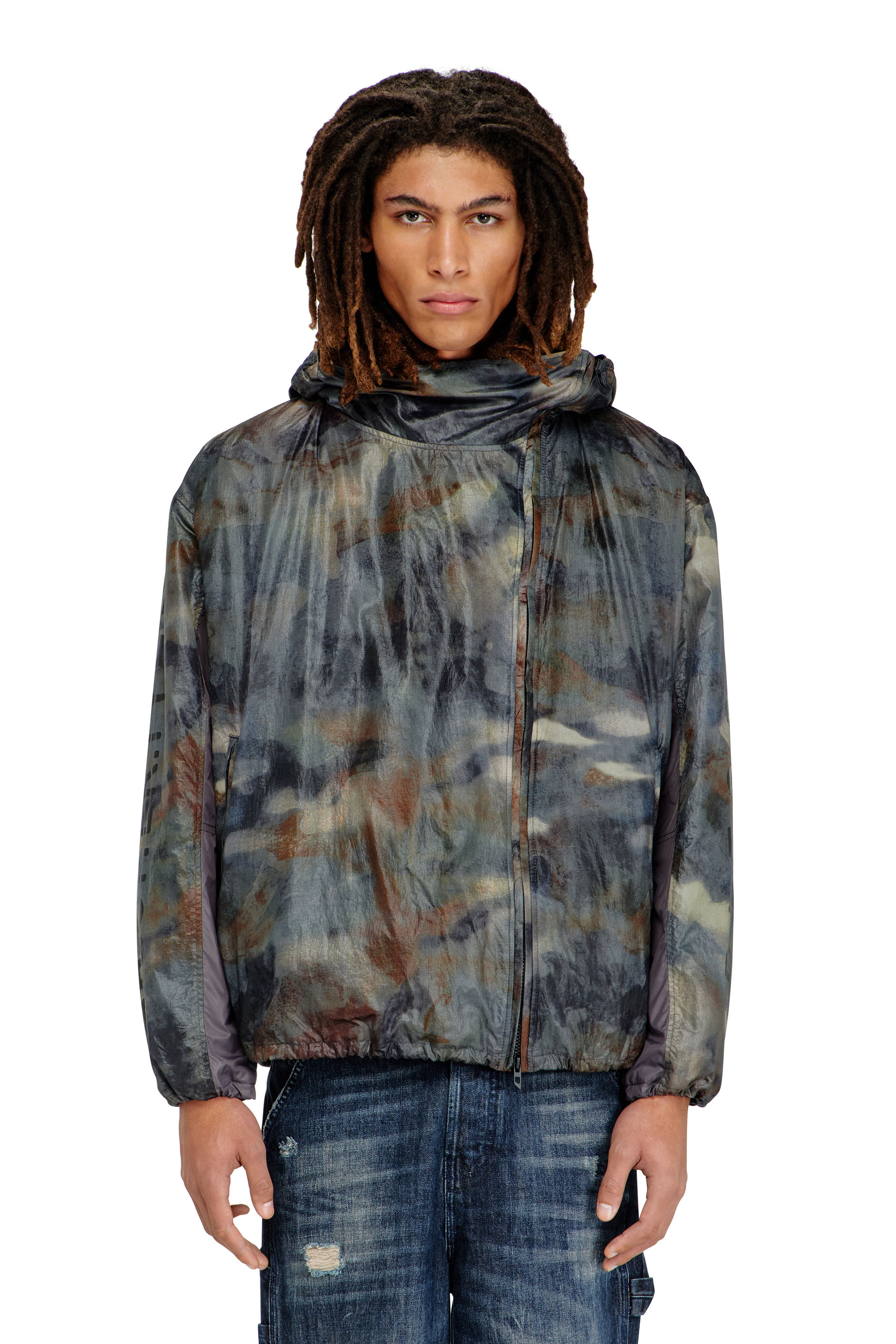Diesel - J-SQUAD-BMCX, Man's Windbreaker with abstract print in Blue/Brown - 1